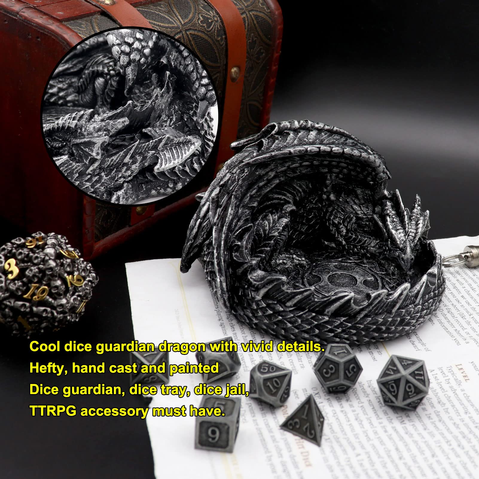 Haxtec Dragon Dice Jail Guardian - DND Dice Tray Holder for Dungeons and Dragons RPG Games - Antique Silver Dragon Statue Decor - Perfect DM Gift & Tabletop Gaming Accessory for D&D Sessions