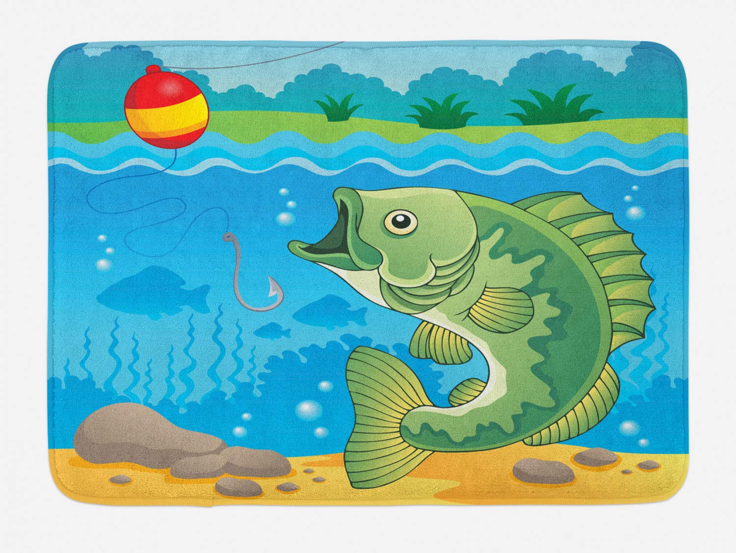 Ambesonne Non-Slip Fishing Theme Bath Mat – Green Fish & Bubbling Water Aquatic Design, Plush Bathroom Decor Mat, 30.2