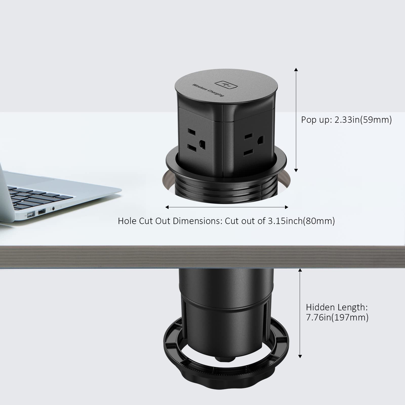 **15W Wireless Charger Pop-Up Outlet with 4 Outlets & Splash-Resistant Design – Space-Saving Power Grommet for Kitchen Countertops, Office Desks & Conference Tables (Black) – Perfect for Home, Office & Commercial Use**
