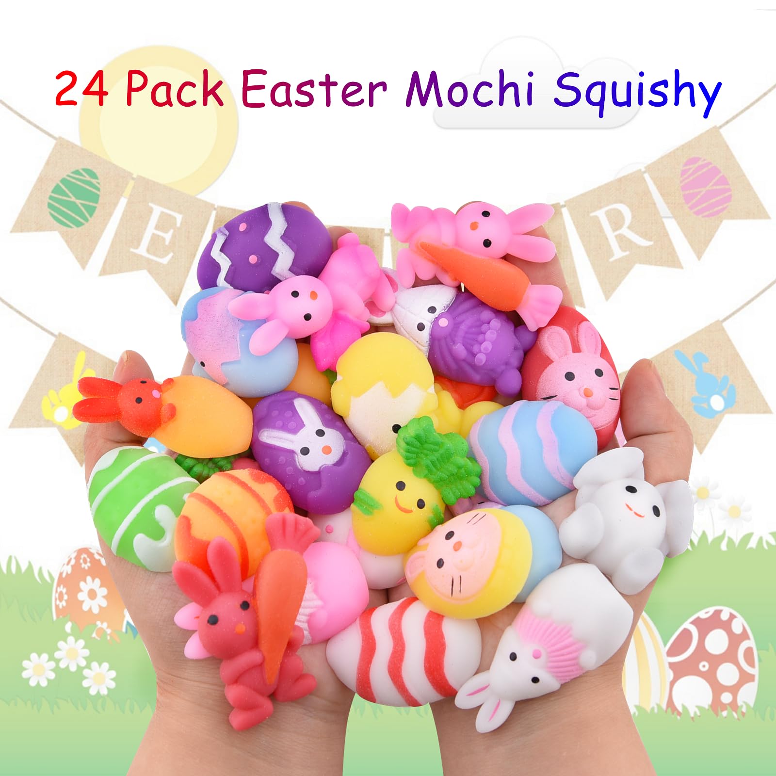 24 PCS Easter Mochi Squishy Toys - Soft Stress Relief Squishies for Kids, Boys & Girls - Easter Basket Stuffers, Party Favors, Classroom Prizes & Sensory Play Gifts (Cute Bunny & Egg Designs)