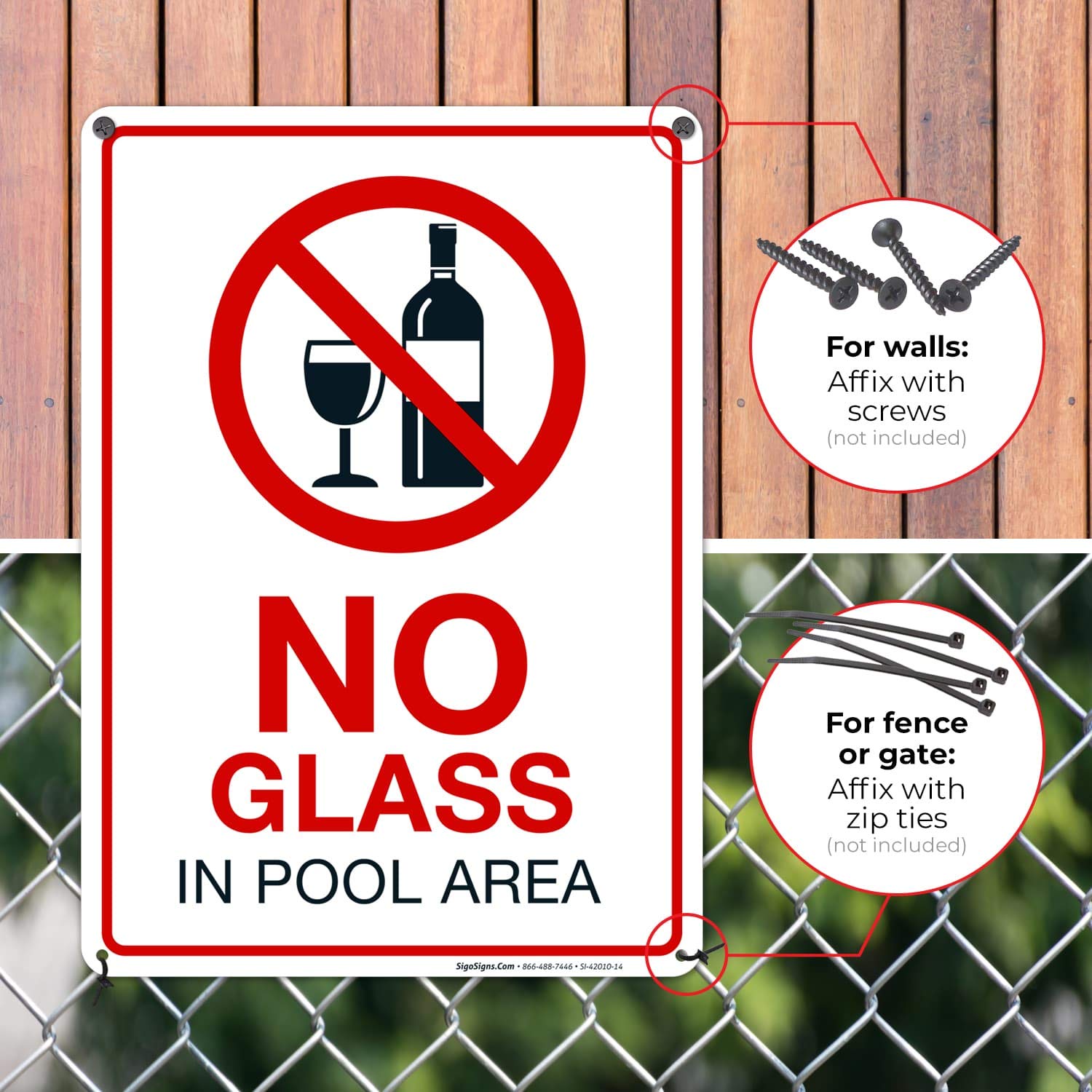 No Glass in Pool Area Sign - 10x14 Inches Rust-Free .040 Aluminum, Fade-Resistant, Made in USA - Durable Pool Safety Sign for Hotels, Resorts & Backyard Pools