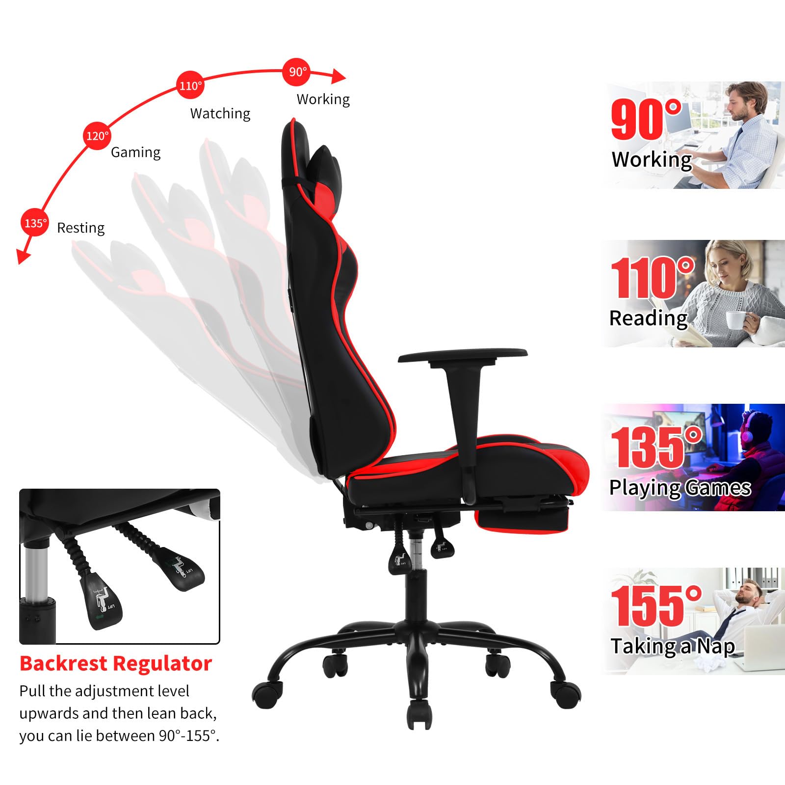 BLKMTY Ergonomic Gaming Chair - High Back PU Leather Office Chair with Adjustable Lumbar Support, Headrest & Footrest - Racing Style Computer Chair for Home & Work - Perfect for Gamers, Streaming & Long Work Sessions (Red)
