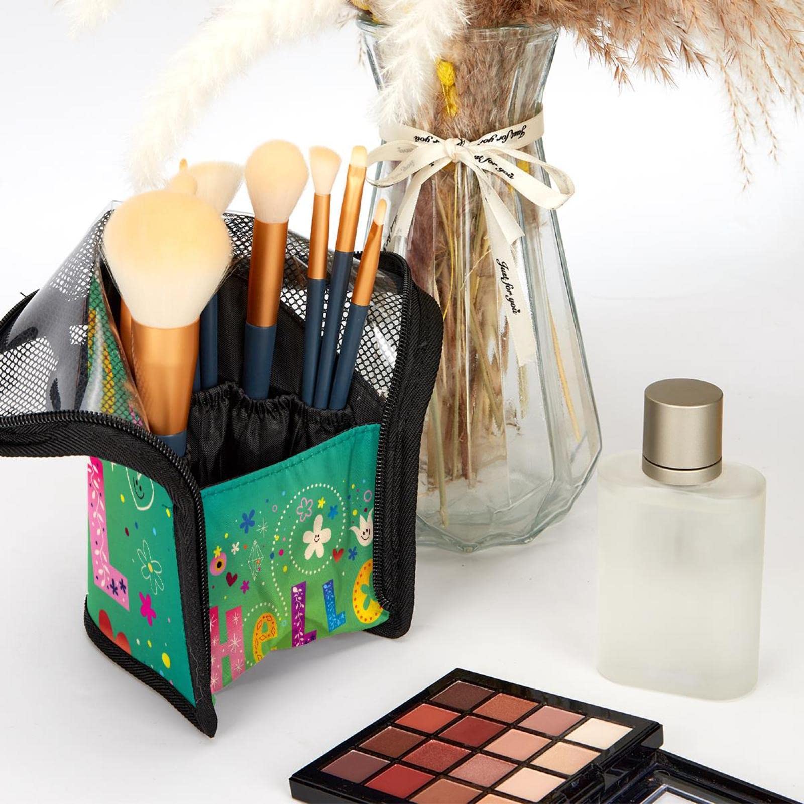 12-Piece Makeup Brush Organizer Bag with Flower Design - Portable Cosmetic Brush Holder Case for Travel & Home Storage | Hello April Collection