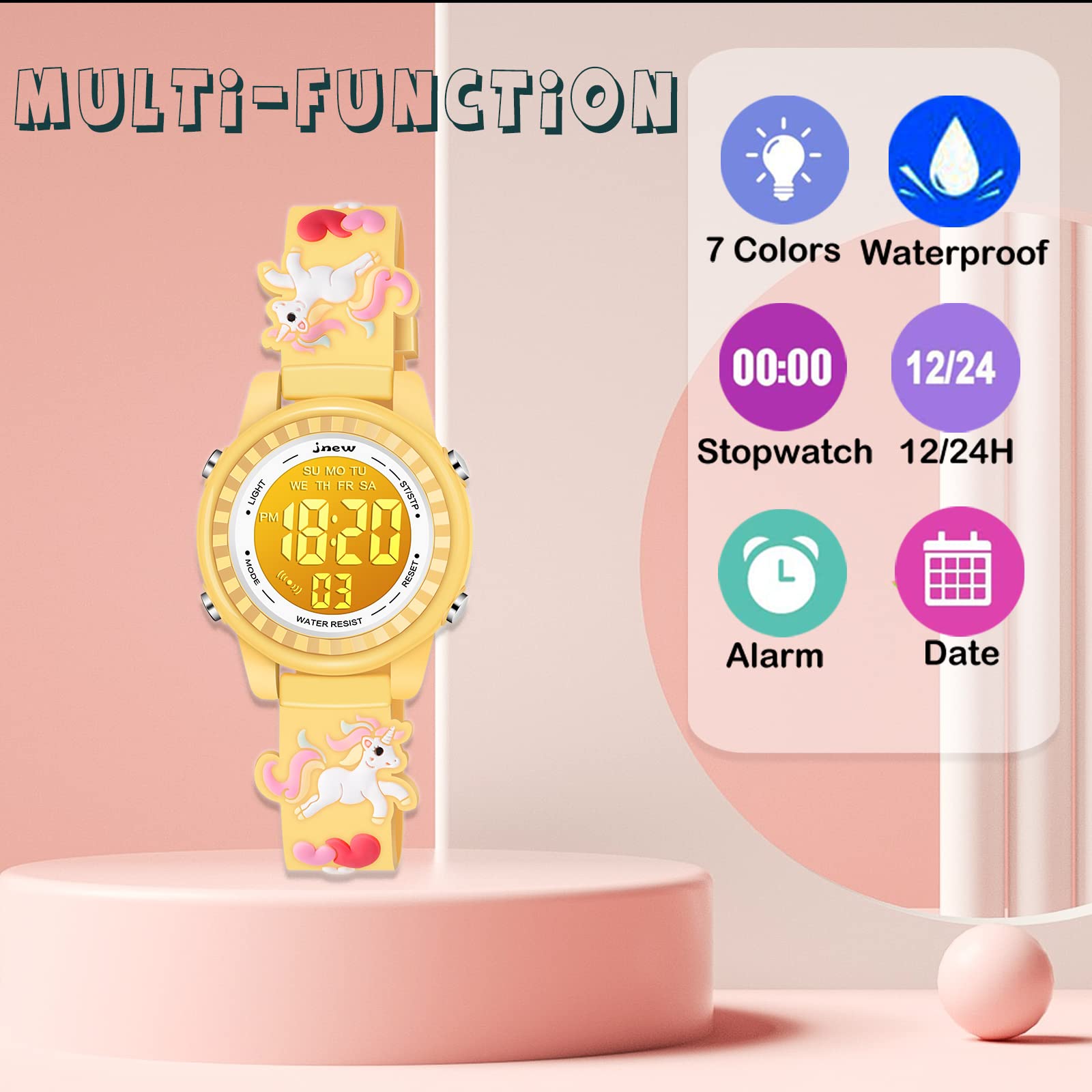 Venhoo Kids Digital Watch - 3D Cartoon Waterproof Wristwatch with 7 Color LED Lights, Alarm & Stopwatch for Girls Ages 3-10 | Perfect for School, Playtime & Outdoor Activities