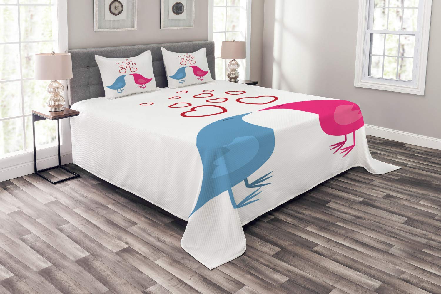 Ambesonne King Size 3-Piece Quilted Bedspread Set with 2 Pillow Shams - Romantic Beak Birds & Heart Symbols Design in White, Hot Pink & Blue - Perfect for Master Bedroom, Guest Room & Valentine's Day Decor