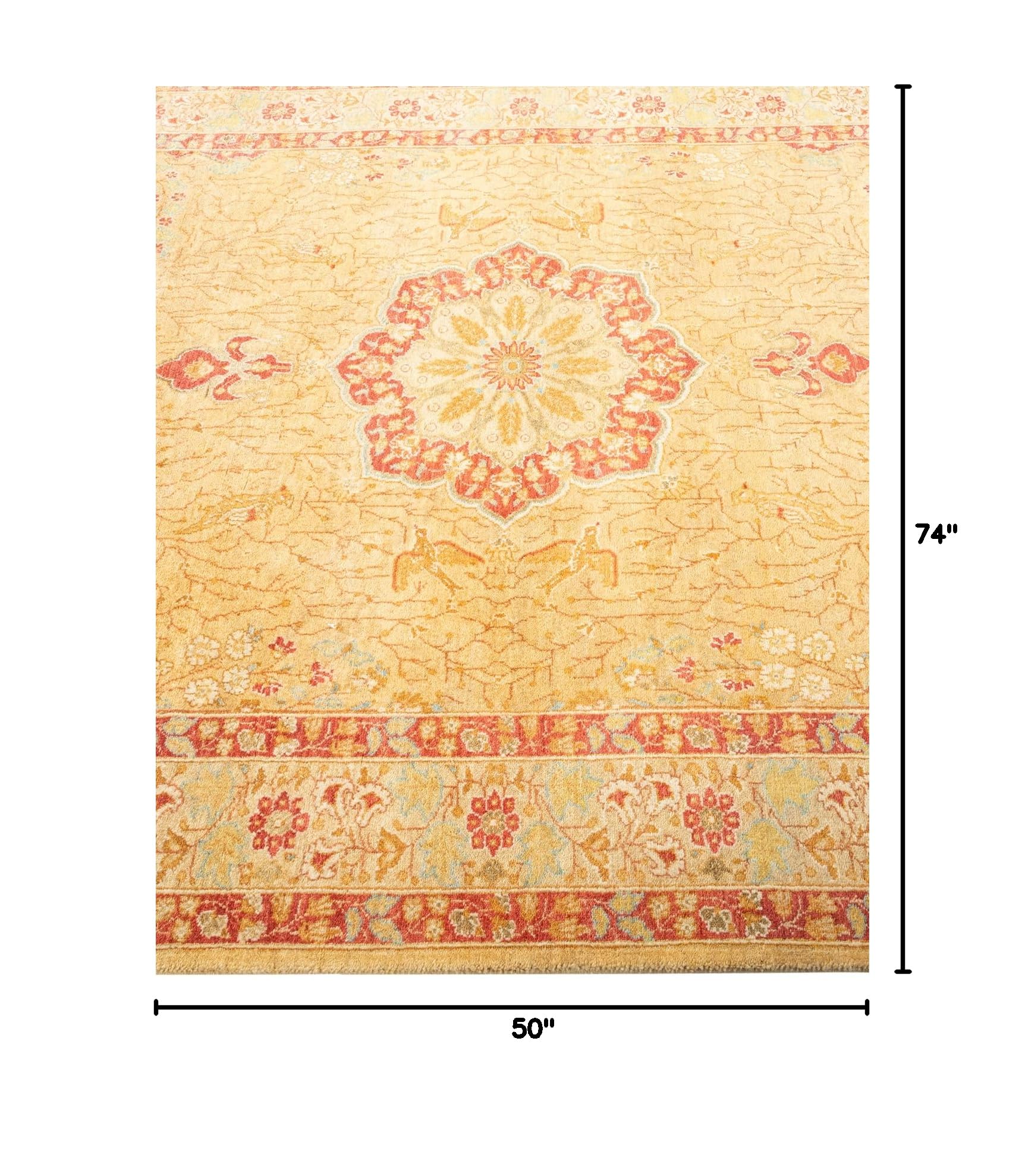 Handmade Wool Oriental Mogul Yellow 4x6 Area Rug - Traditional Hand-Knotted Solo Rugs for Living Room, Bedroom & Dining Room Decor