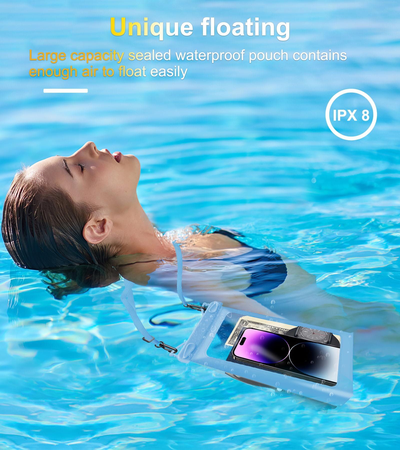 Universal Waterproof Phone Pouch - Floating Dry Bag for iPhone 15/14/13/12/11 Pro Max/XS/XR/X & Samsung Galaxy S24/S23/S22/S21 FE Ultra - Underwater Case with Lanyard (Blue) - Perfect for Swimming, Beach Vacations, Kayaking and Water Sports