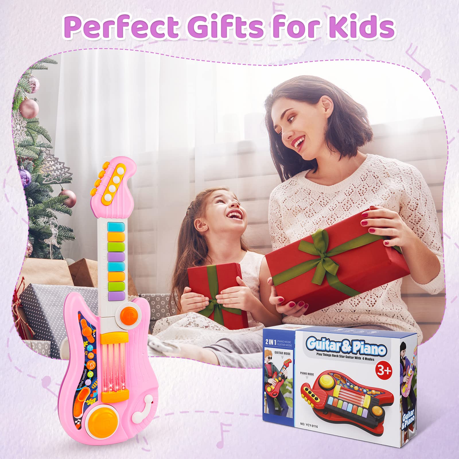 2-in-1 Kids Electric Guitar & Piano Toy with Adjustable Strap - Musical Instrument Gift for 3-5 Year Old Girls & Boys (Pink) | Perfect for Birthday Gifts, Early Music Education & Pretend Play