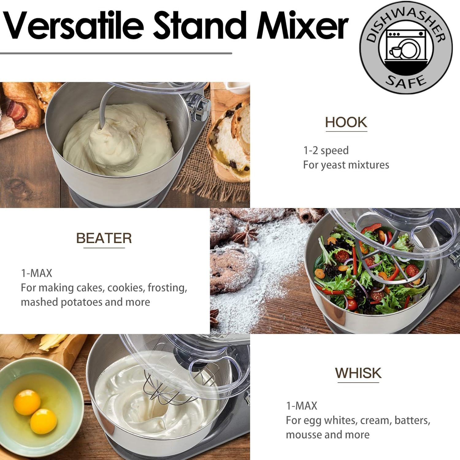 6-Speed Stand Mixer with Stainless Steel Bowl - Electric Tilt-Head Kitchen Mixer for Baking - Includes Wire Whisk, Dough Hook & Flat Beater - Perfect for Cookies, Cakes, Bread & Pastry Dough