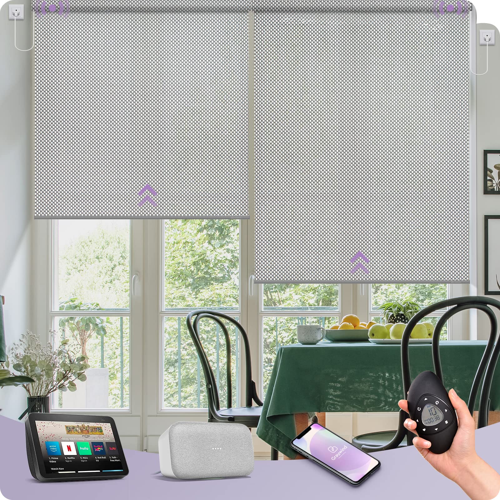 Graywind Motorized Roller Shades - Alexa & Google Home Compatible Smart Blinds, Hardwired WiFi Electric Window Shades with Light Filtering, Remote Control & Automation, Custom Size (3% Openness Solar Silver) - Perfect for Living Rooms, Bedrooms & Home Offices