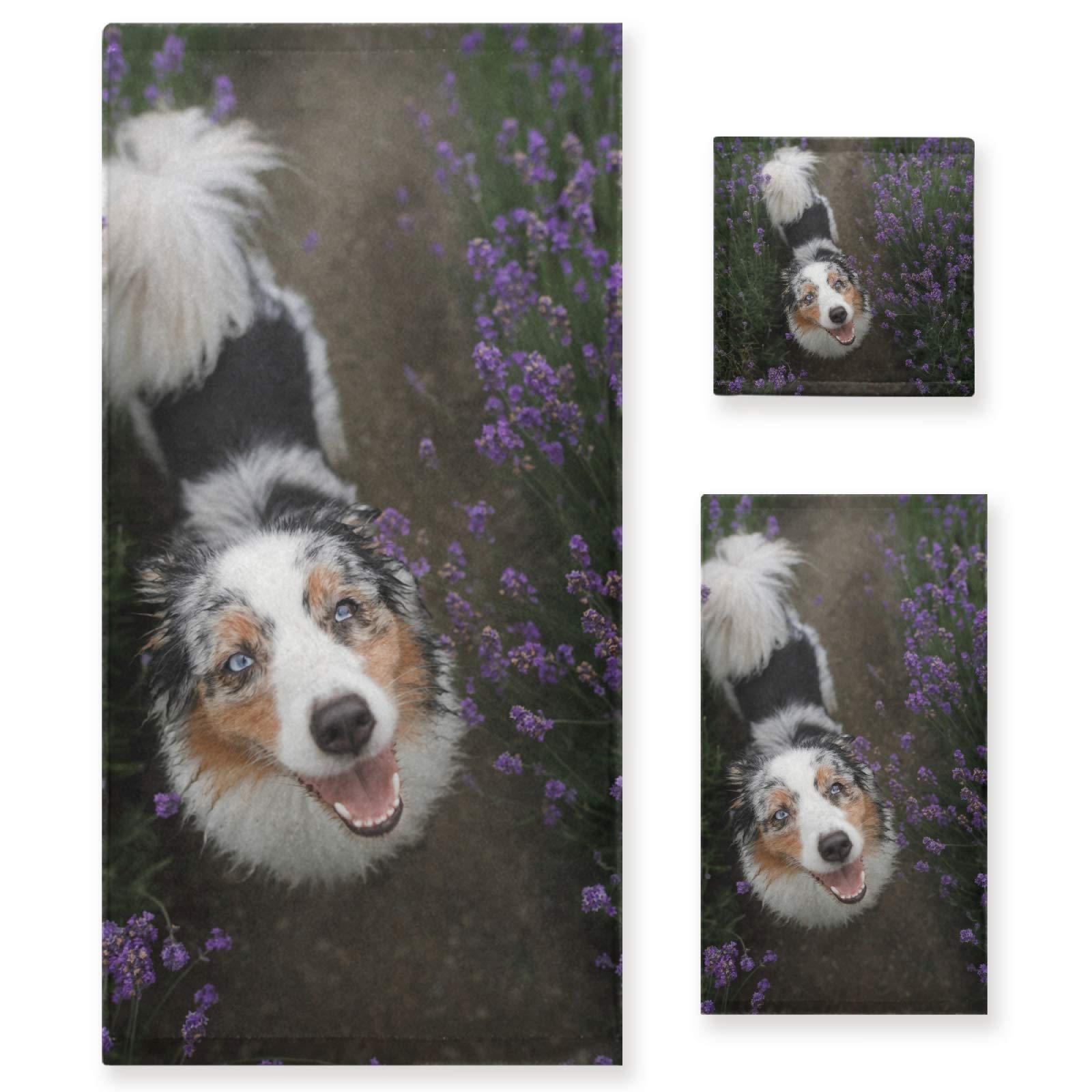 Premium 3-Piece Cotton Bath Towel Set for Women & Men - Soft Absorbent Luxury Bath, Hand Towel & Washcloth - Perfect for Bathroom, Kitchen & Spa Use - Dog Lavender Australian Shepherd Themed Summer Collection