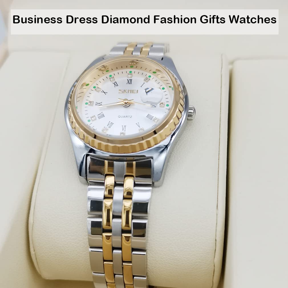 SKMEI Women's Luxury Stainless Steel Dress Watch - Elegant Analog Quartz Waterproof Wristwatch for Business & Formal Occasions - Perfect Gift for Wife, Girlfriend, or Special Occasions (Gold/Silver) - Ideal for Office, Parties, and Everyday Wear