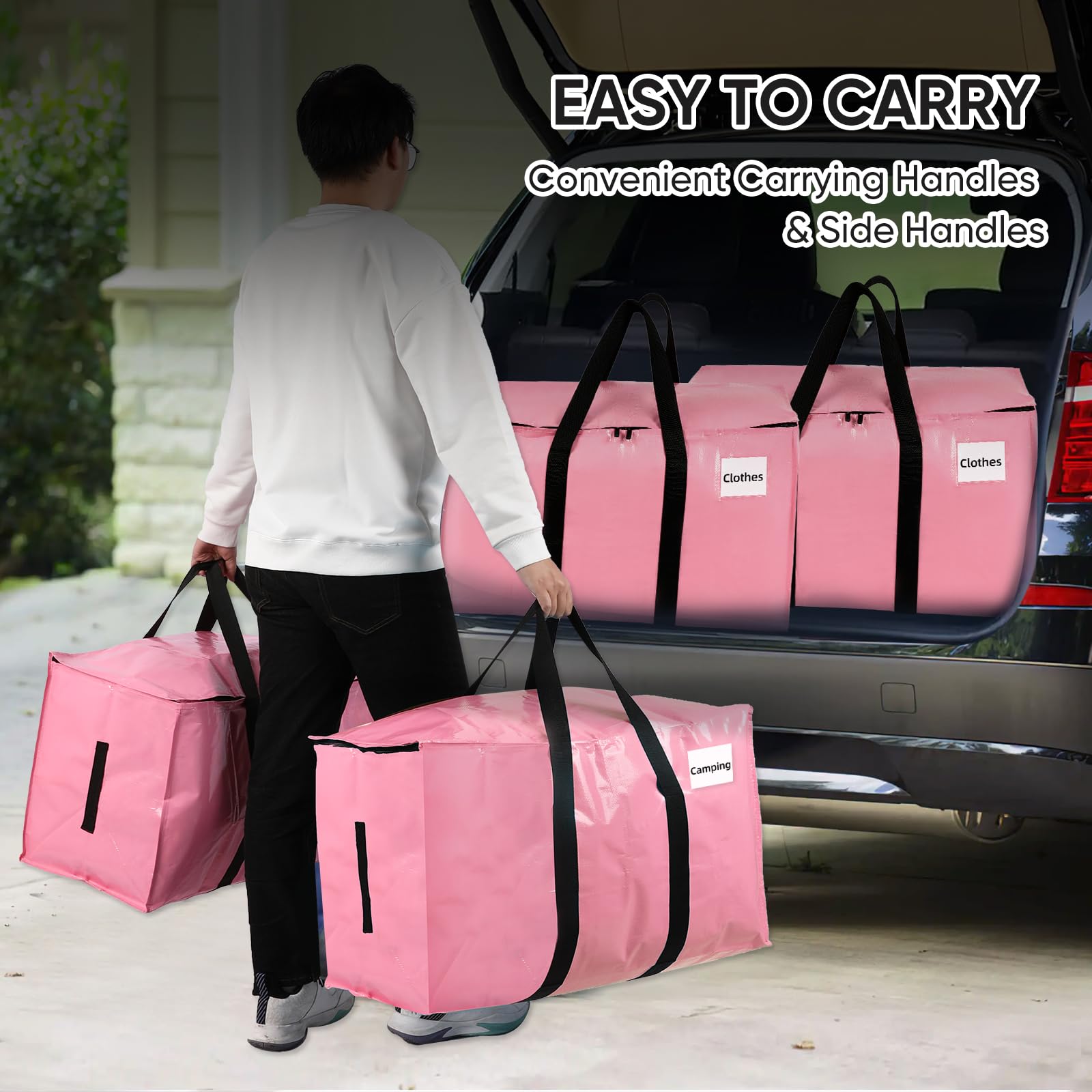 Heavy Duty Extra Large Moving Bags with Zippers & Handles - 180GSM Thick Material Waterproof Storage Totes (2 Pack, Pink) - Space Saving Reusable Packaging Bags for Moving, Storage & Travel Organization