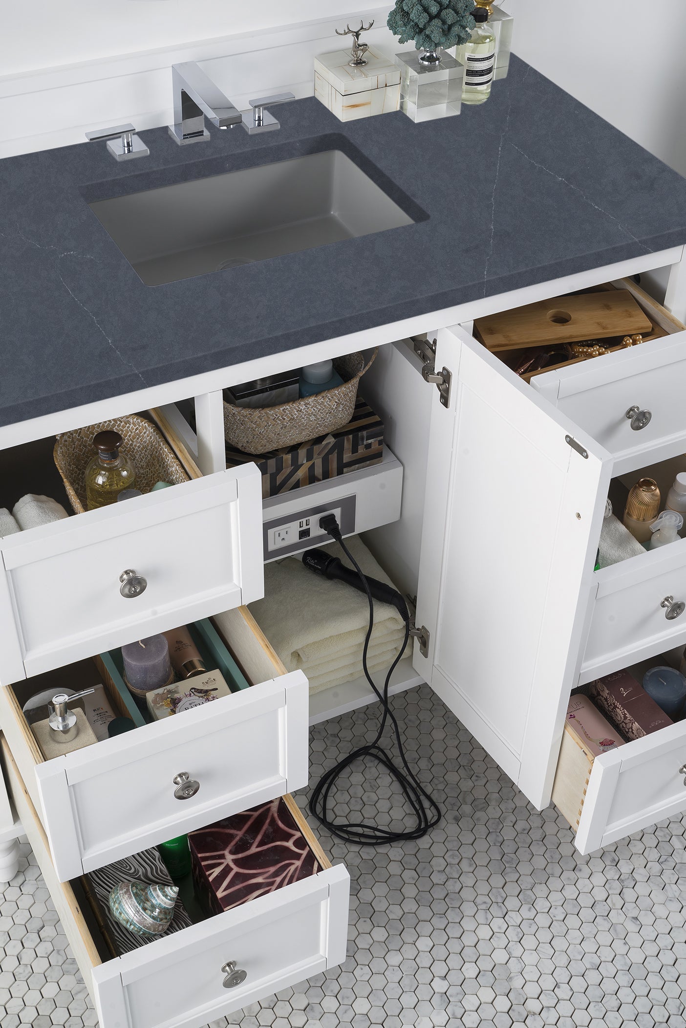 Copper Cove Encore 48 Inch Single Bathroom Vanity Set - Bright White Finish with 3CM Charcoal Soapstone Quartz Countertop | Perfect for Modern Master Bathrooms & Powder Rooms