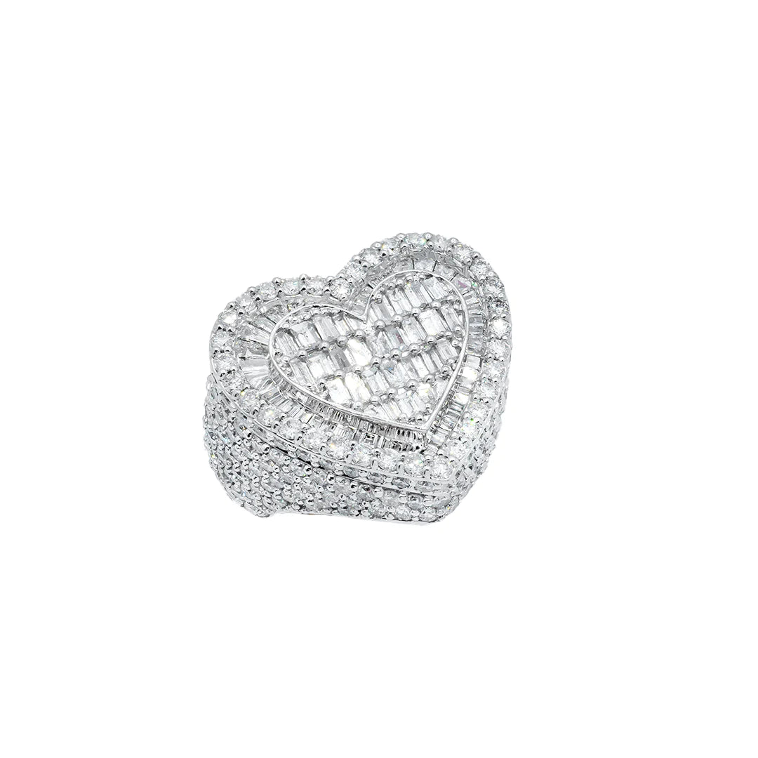 14K White Gold Baguette Diamond Heart Ring - 6.43 Carat Total Weight (CTW) - Elegant Valentine's Day Gift, Anniversary Jewelry & Romantic Proposal Ring for Her