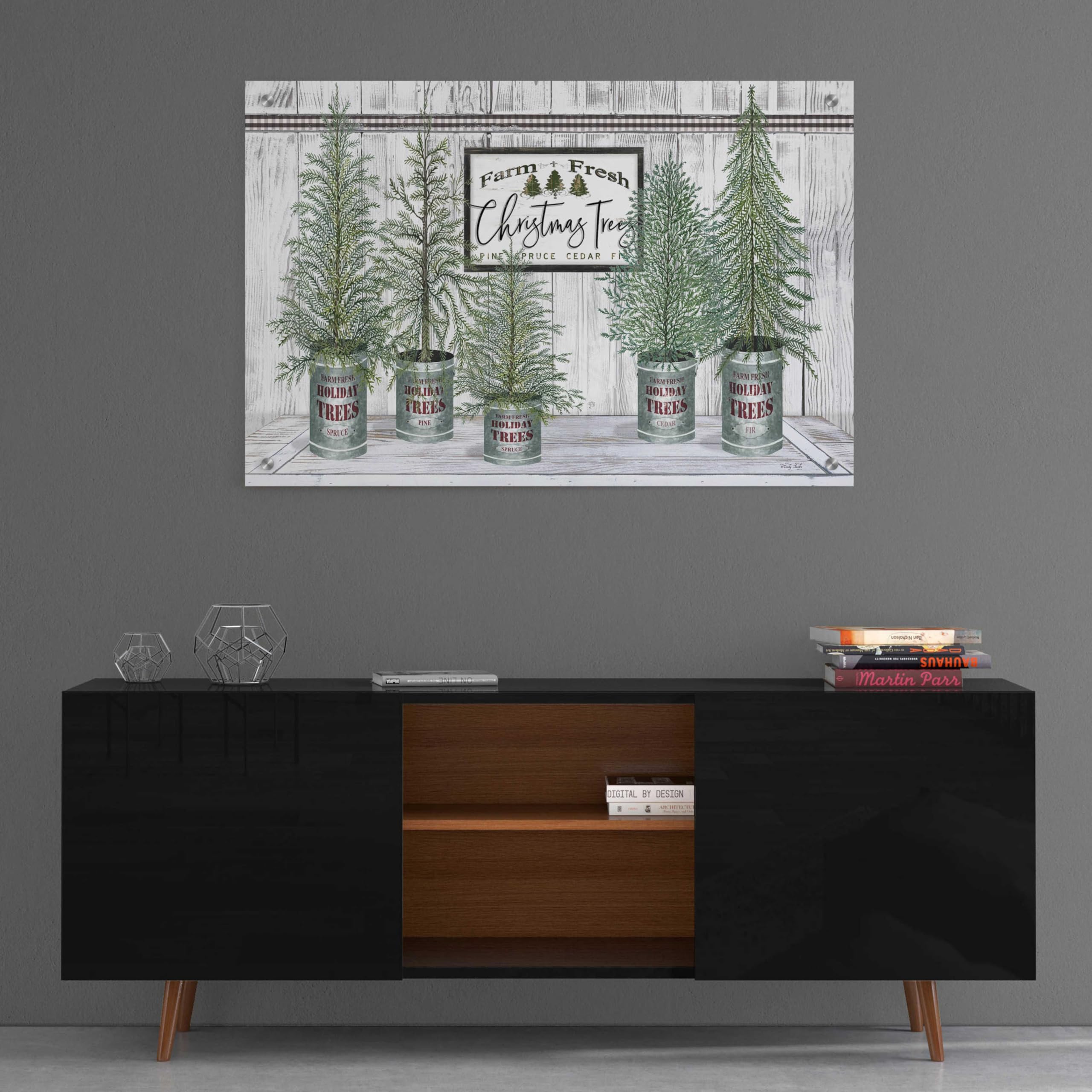 Galvanized Pots White Christmas Trees II Wall Art by Cindy Jacobs - 36x24 Inch Acrylic Glass Canvas Painting - Holiday Home Decor for Living Room, Bedroom & Office