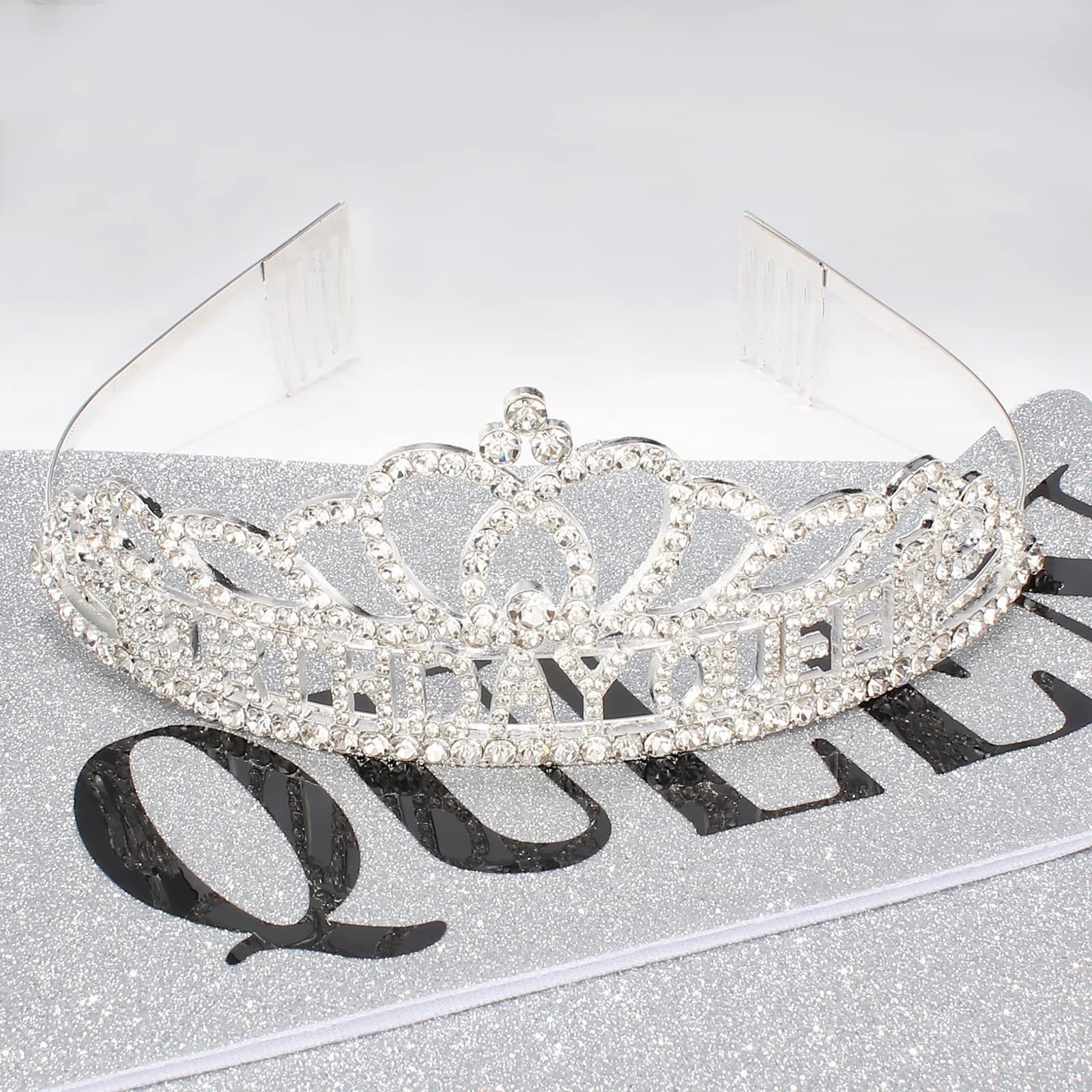 Silver Birthday Crown & Tiara Set for Women - Elegant Queen Sash & Crown for Birthday Parties, Bridal Showers, Bachelorette Events & Special Celebrations