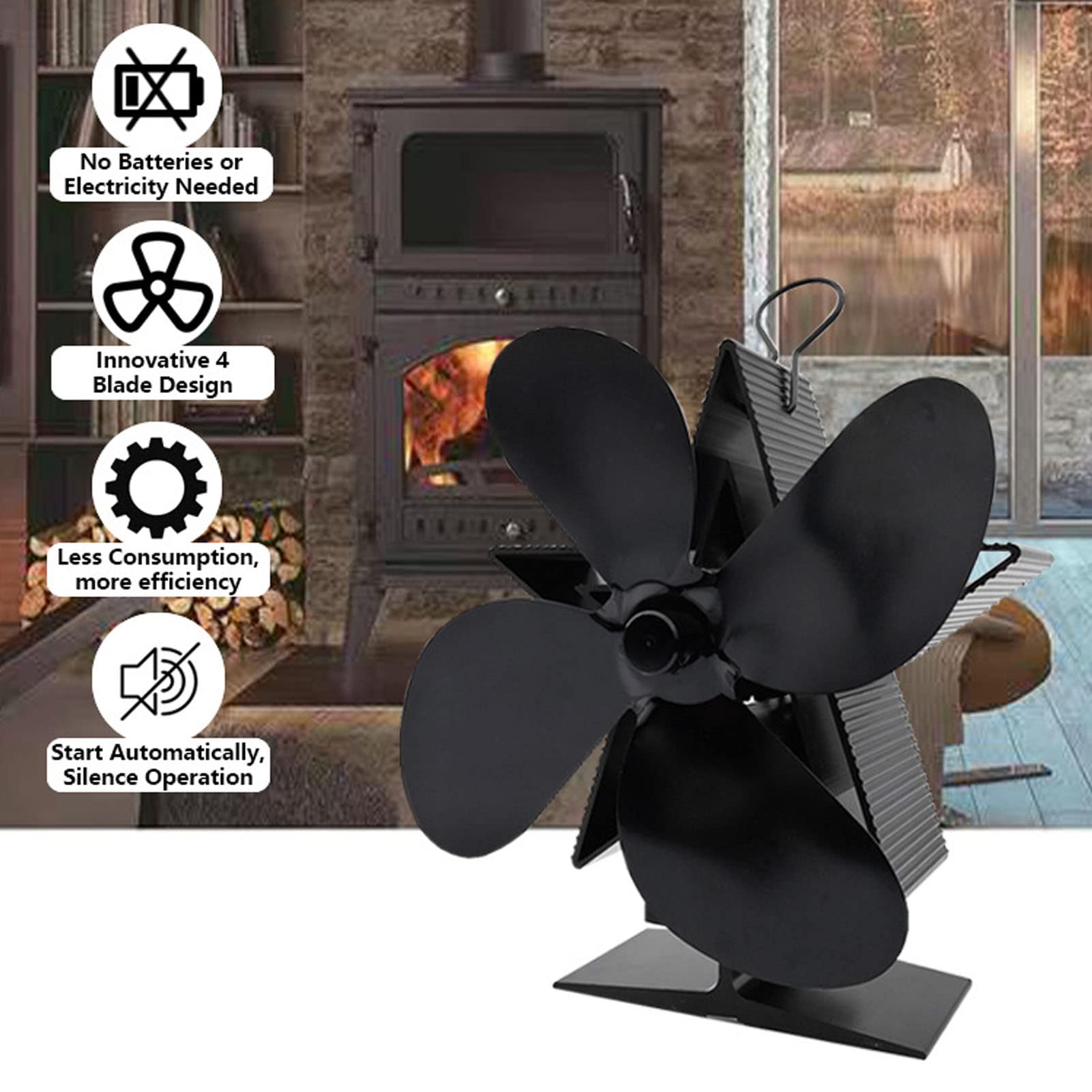 5 Blade Wood Stove Fan - Quiet Fireplace Heat Fan with Self-Generated Electricity, Energy Efficient & Eco Friendly for Chimney Fireplaces - Perfect for Heating Cabins, Homes & Outdoor Spaces