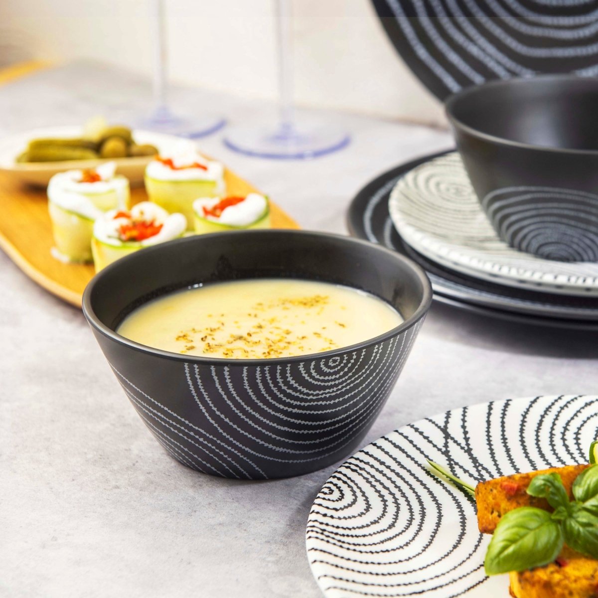 12-Piece Black Planet Melamine Dinnerware Set - Plates & Bowls for Outdoor Picnics, Camping, and Durable Everyday Use