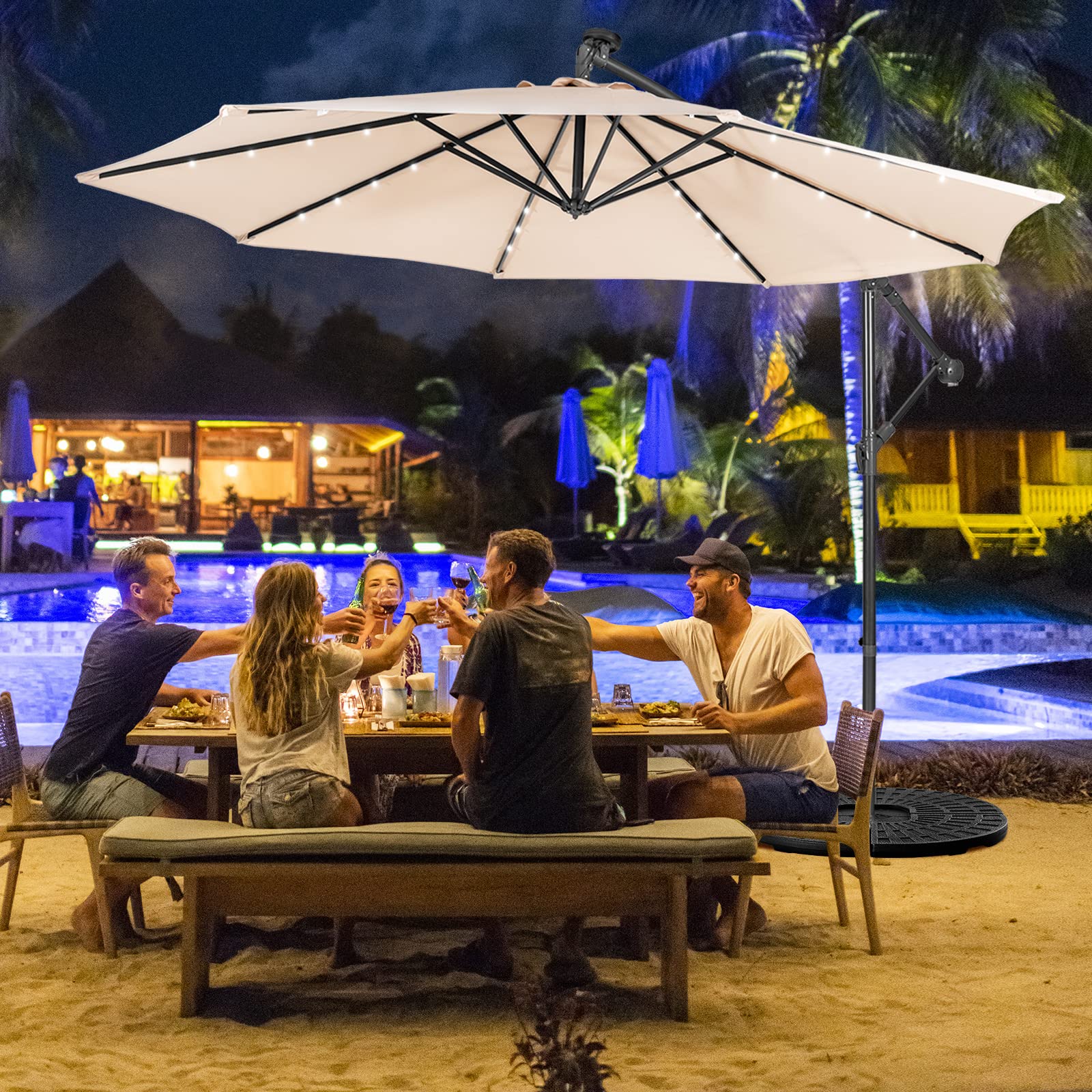 Giantex 10 Ft Solar Powered LED Patio Umbrella with 8 Ribs & Tilting Adjustment - Heavy Duty Cantilever Outdoor Umbrella for Pool, Garden, Deck, and Backyard Relaxation