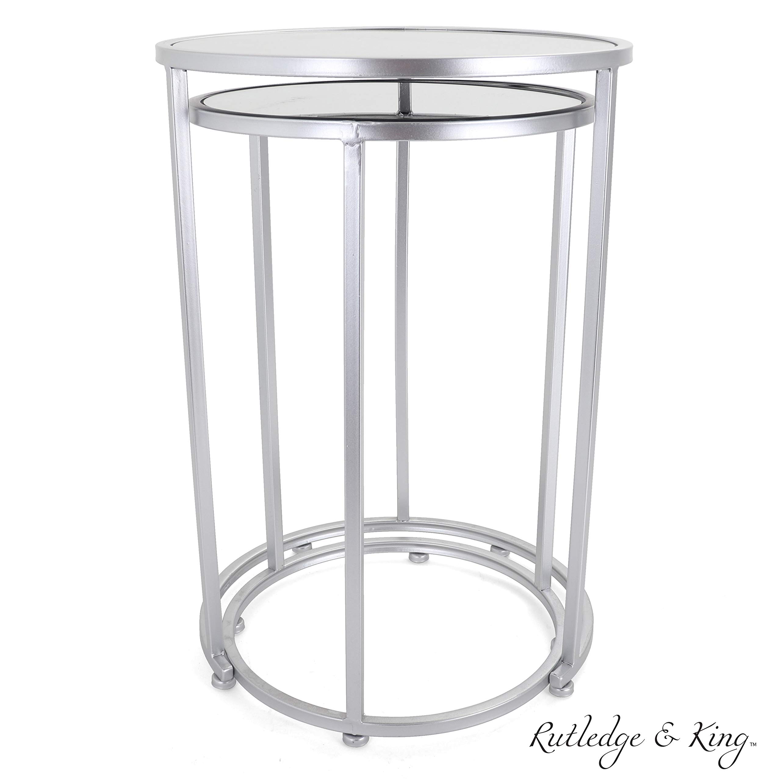 Rutledge & King Round End Table Set - Silver & Mirrored Top Nesting Accent Tables - Modern Metal Side Tables for Living Room, Bedroom & Office Decor