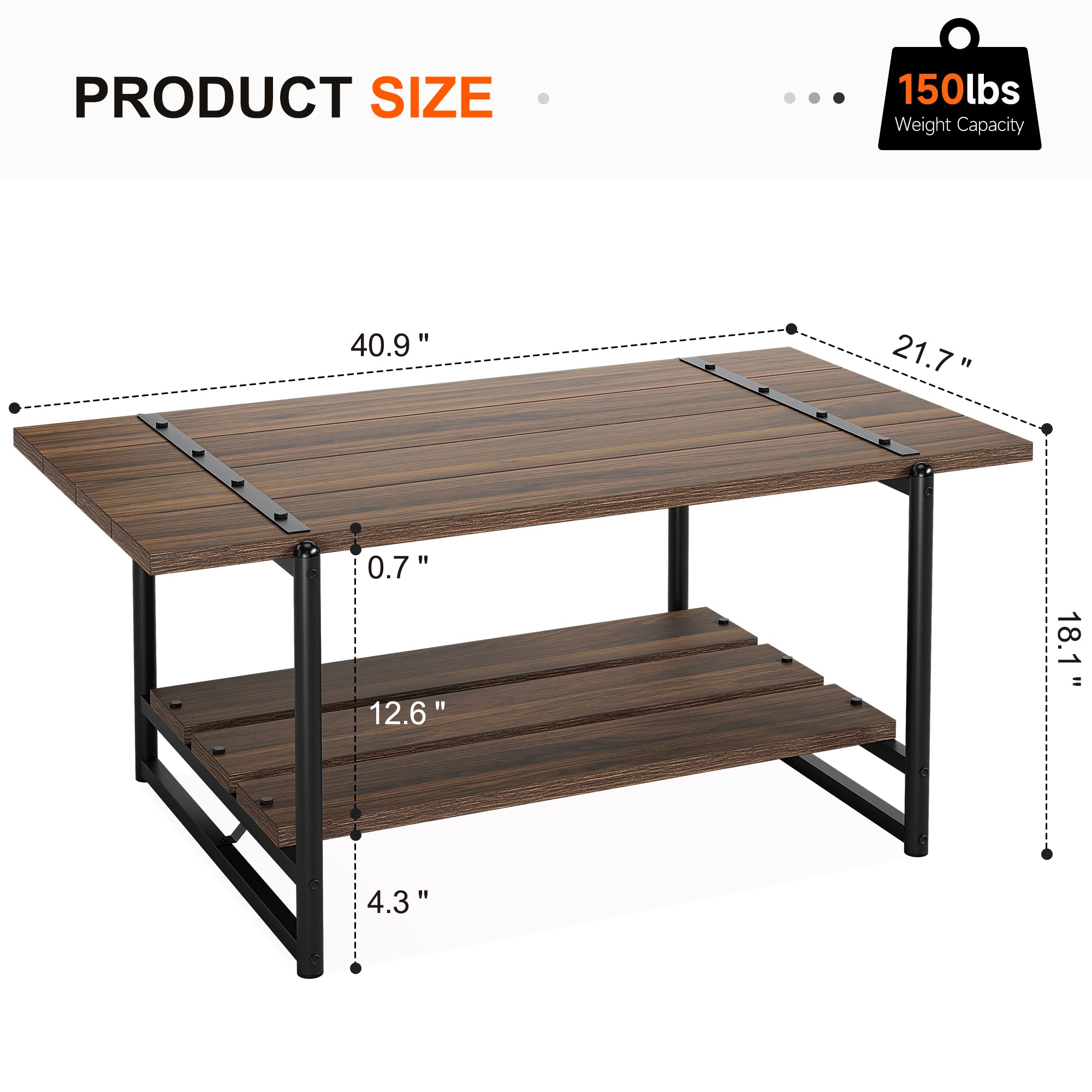 2-Tier Farmhouse 41'' Large Gray Wood Coffee Table with Storage Shelf - Modern Rustic Metal Rectangle Center Table for Living Room, Home Office - Easy Assembly (Walnut Brown) - Perfect for Small Spaces, Family Gatherings & Cozy Home Decor