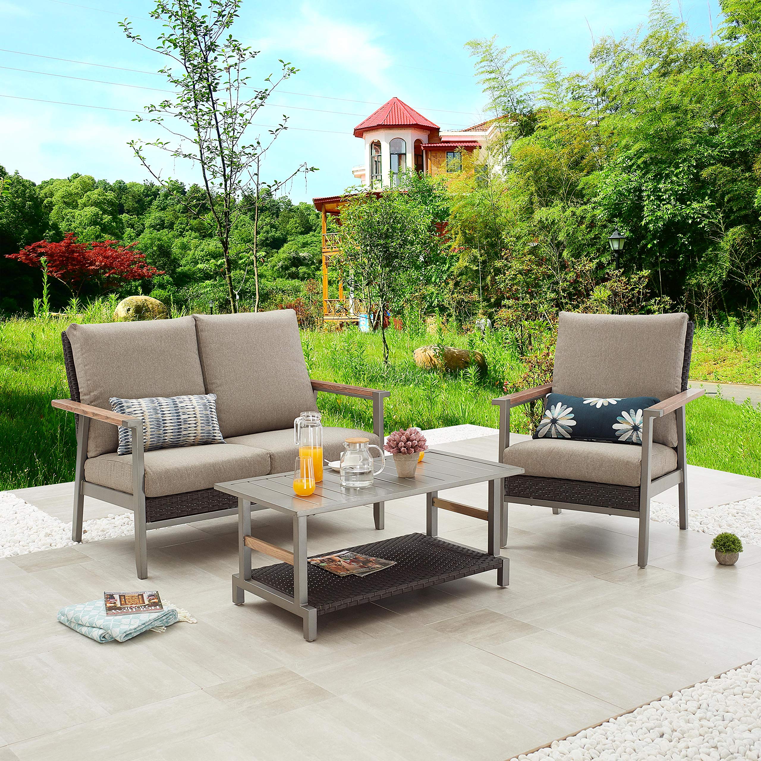 LOKATSE HOME 3-Piece Patio Outdoor Furniture Set - All-Weather Wicker Loveseat & Sofa Chair with Removable Cushions & Coffee Table - Brown - Perfect for Garden, Backyard, Poolside & Balcony Relaxation