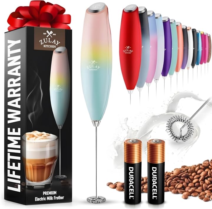 Zulay Kitchen Electric Milk Frother Wand - Handheld Battery-Powered Drink Mixer for Coffee, Frappe, Matcha, Hot Chocolate (Includes 2 Duracell Batteries) - Easy to Clean & Use - Perfect for Home, Office, Café & Baking Cupcakes