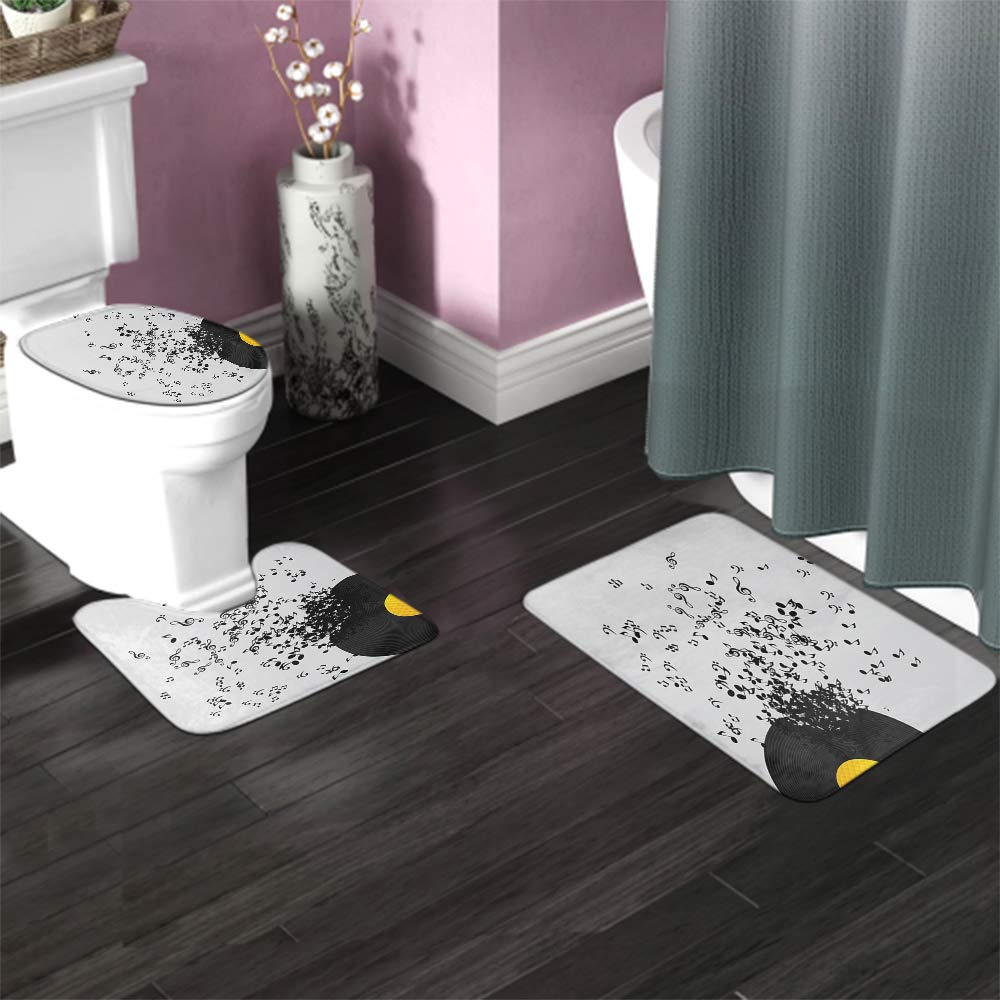 Vinyl Records Music Note Bath Mat Set - 3 Piece Non-Slip Bathroom Rug with Toilet Seat Cover | Waterproof Anti-Skid Shower Mat for Music Lovers' Home Decor