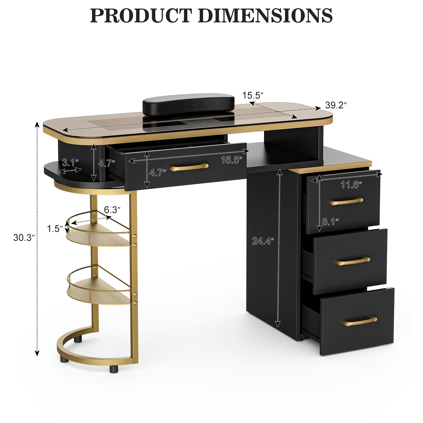 Paddie Professional Manicure Table for Nail Technicians - Glass Top Nail Salon Desk with 4 Drawers & 2-Tier Storage Shelves - Acetone Resistant Beauty Workstation with Wrist Cushion & Golden Handles (Black) - Perfect for Nail Salons, Home Studios & Mobile Nail Services