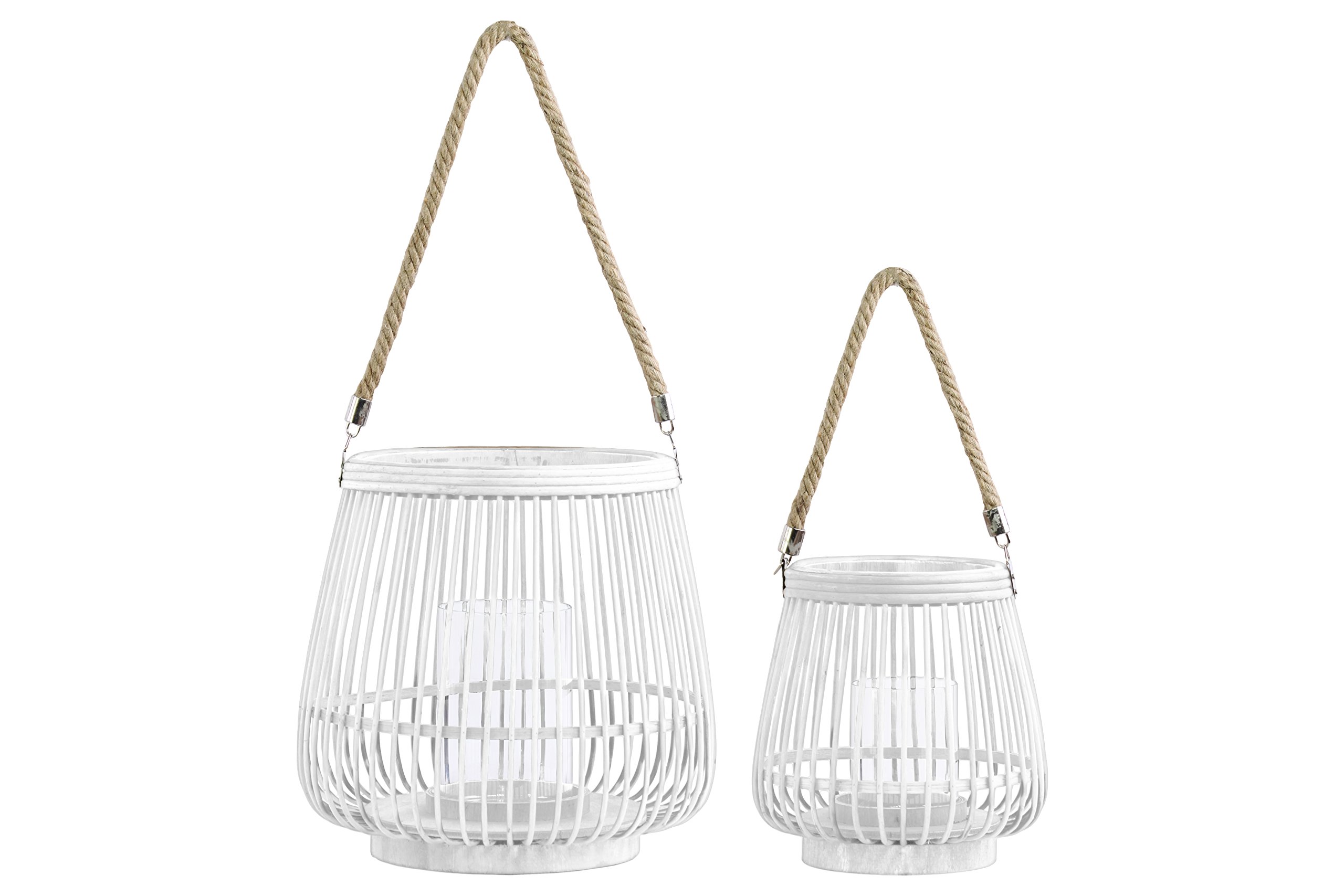 41074 Set of 2 White Bamboo Round Lanterns with Rope Hangers - Hand-Painted Finish for Indoor/Outdoor Decor, Patio, Garden, Wedding & Party Lighting