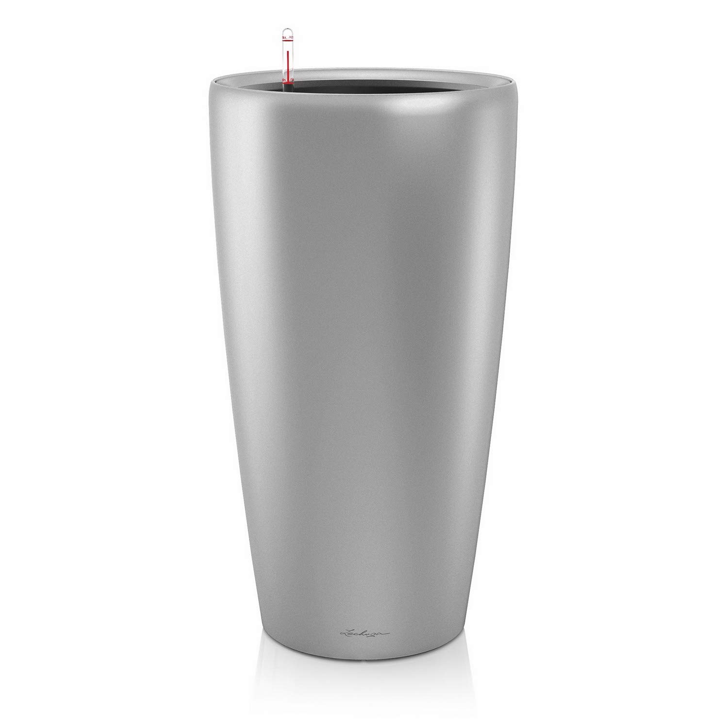 Lechuza Rondo 40 Self-Watering Planter - Large Indoor/Outdoor Garden Flower Pot with Drainage Hole & Substrate - 40cm Polyresin Floor Planter (75cm Height, Silver Metallic) - Perfect for Living Room, Patio, or Office Decor