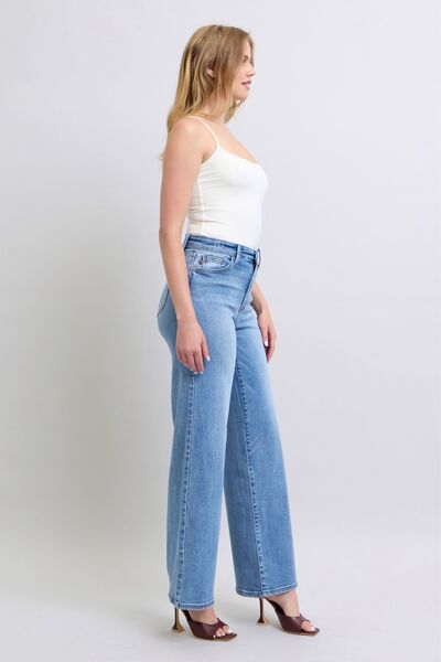 Judy Blue Women's Full Size Wide Leg Jeans with Pockets - Comfortable Stretch Denim Pants for Casual Wear & Everyday Outfits