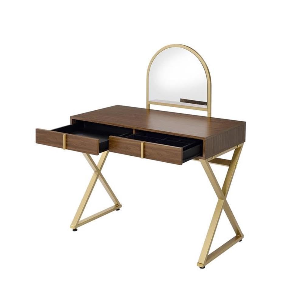 Acme Coleen Vanity Desk in Walnut & Gold Finish - Elegant Dressing Table with Mirror for Bedroom Makeup & Skincare Routine