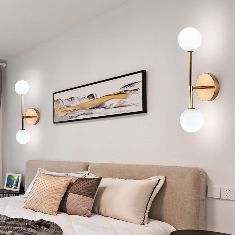 YKLL Modern 2-Light Wall Sconce with Globe Glass Shade - Brass Metal Wall Lantern Lighting Fixture for Living Room, Bedroom, Bedside - Nordic Style Home Decor (Perfect for Ambient Lighting & Accent Wall Illumination)