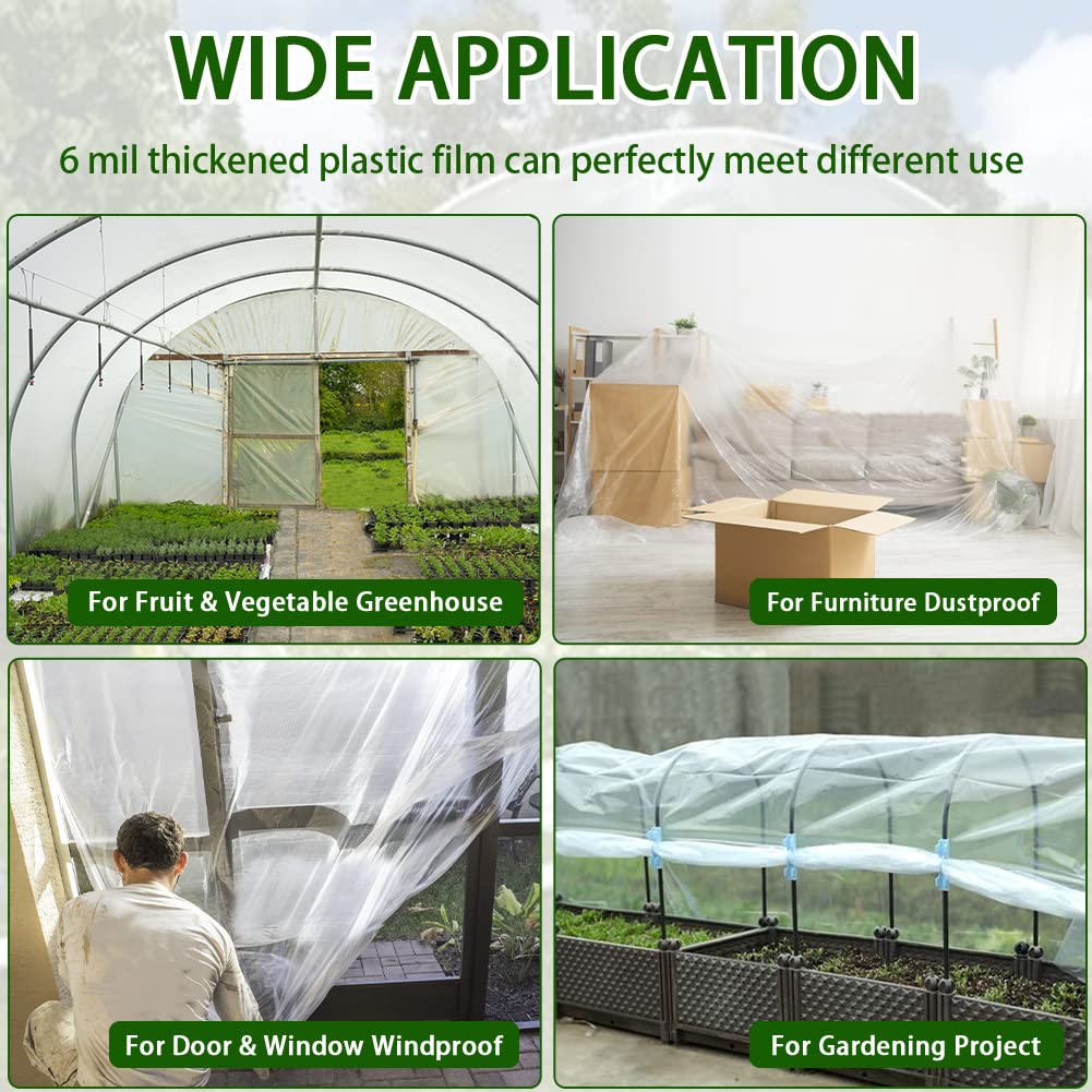 6 Mil Greenhouse Plastic Film Sheeting Cover 25 x 40 Ft - UV Resistant Clear Polyethylene Film for Greenhouses, Hoop Houses, and Farming - Durable Protection for Gardening, Agriculture, and Plant Growth