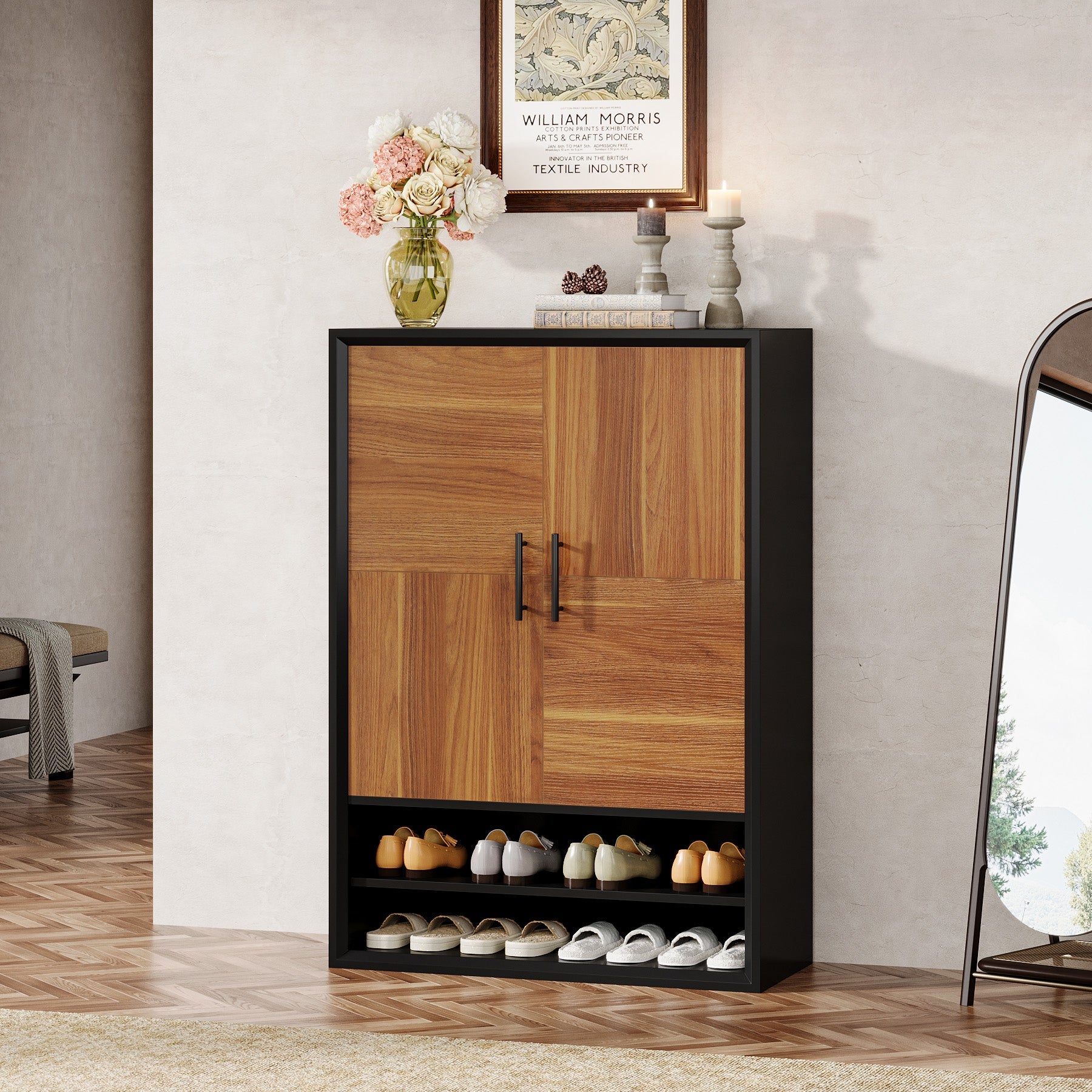 43 Inch Shoe Cabinet with 6 Tier Adjustable Shelves & Doors - Space Saving Shoe Storage Organizer for Entryway, Closet, or Bedroom