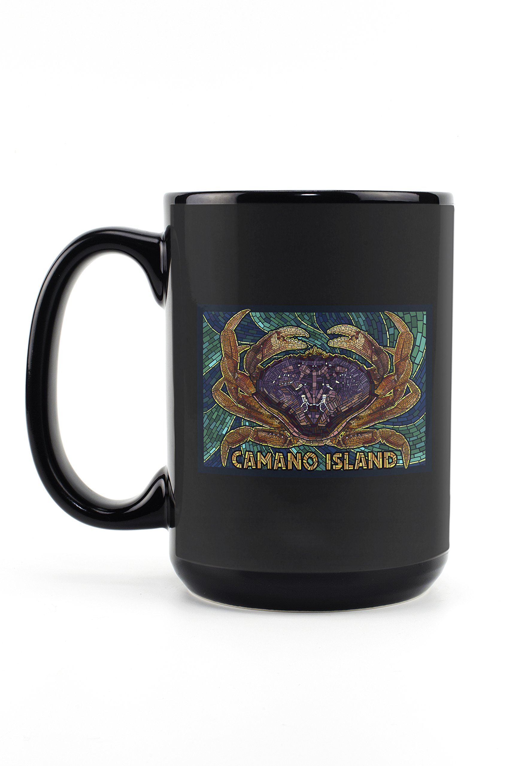 Lantern Press Camano Island Washington Mosaic Dungeness Crab 15oz Black Ceramic Coffee Mug - Microwave & Dishwasher Safe - Perfect for Home, Office & Gifts