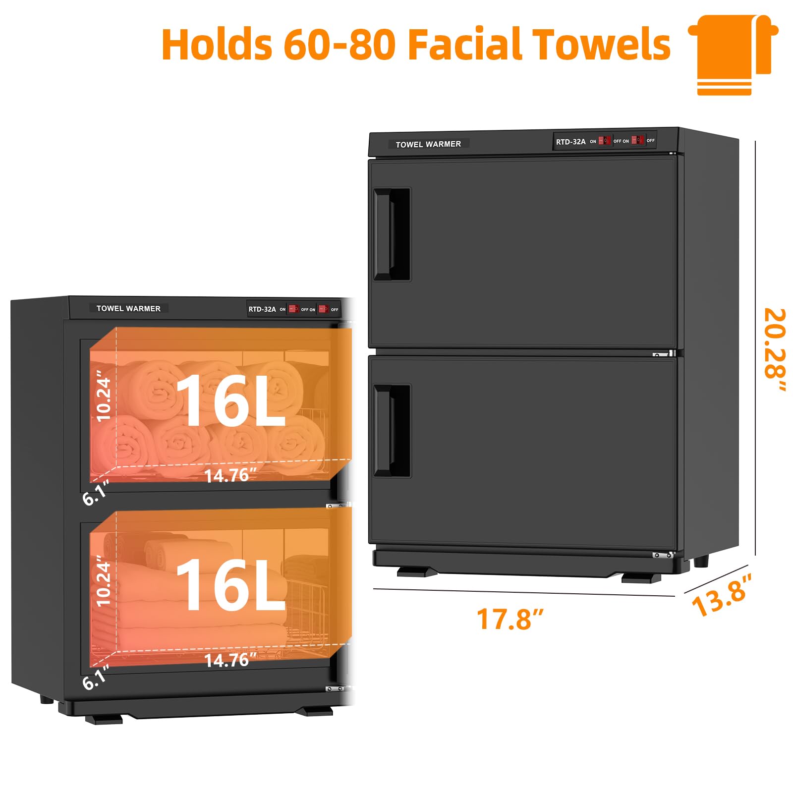 32L Professional Towel Warmer Cabinet for Spa & Salon - Large Capacity Double Door Towel Heater for Bathroom, Esthetician Use - Black | Perfect for Home Spa, Salon Treatment Rooms & Luxury Bathrooms