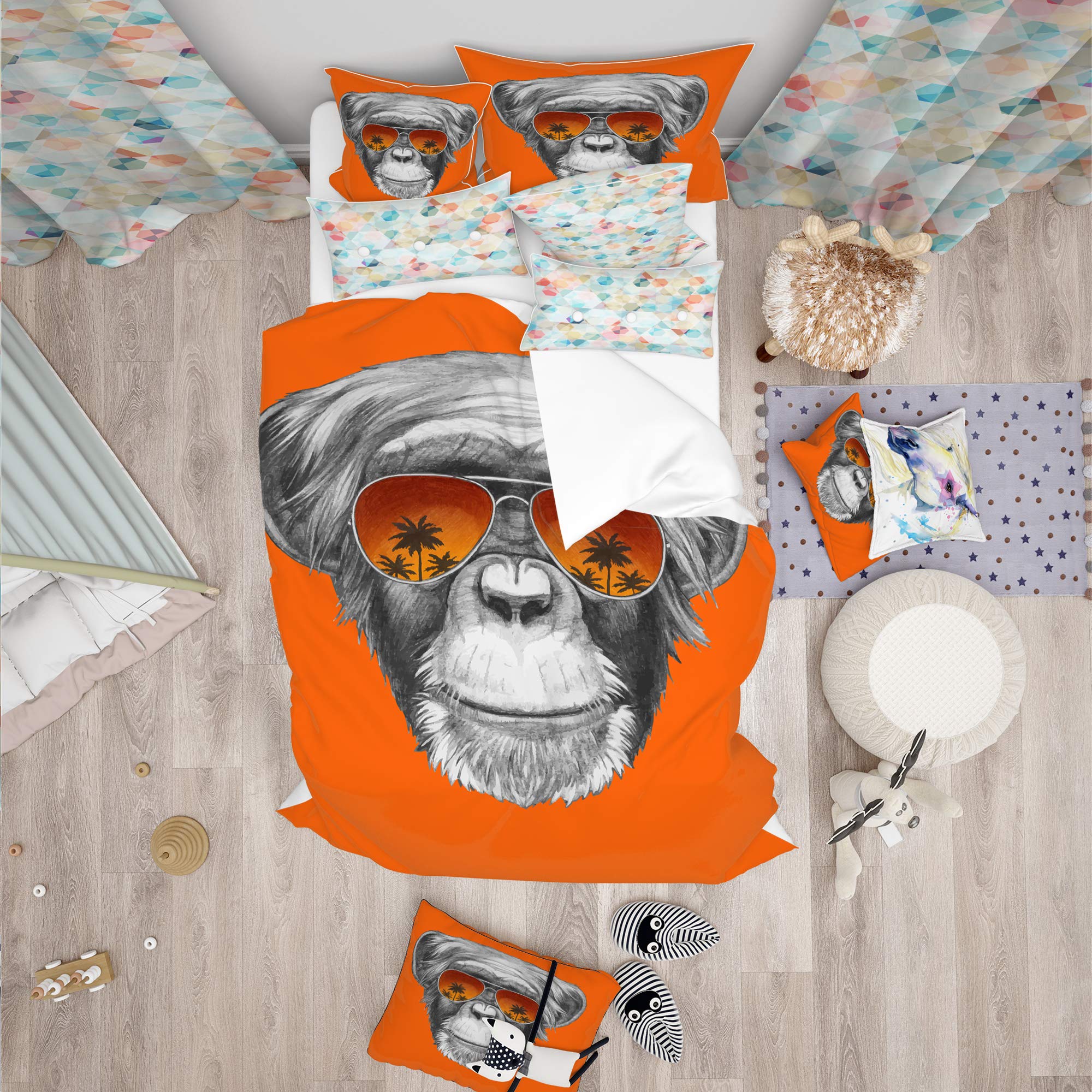 Monkey with Mirror Sunglasses Duvet Cover Set - Grey Animal Print Twin Size 3-Piece Bedding Set | All-Season Comfort for Kids' Room, Dorm, or Guest Bed
