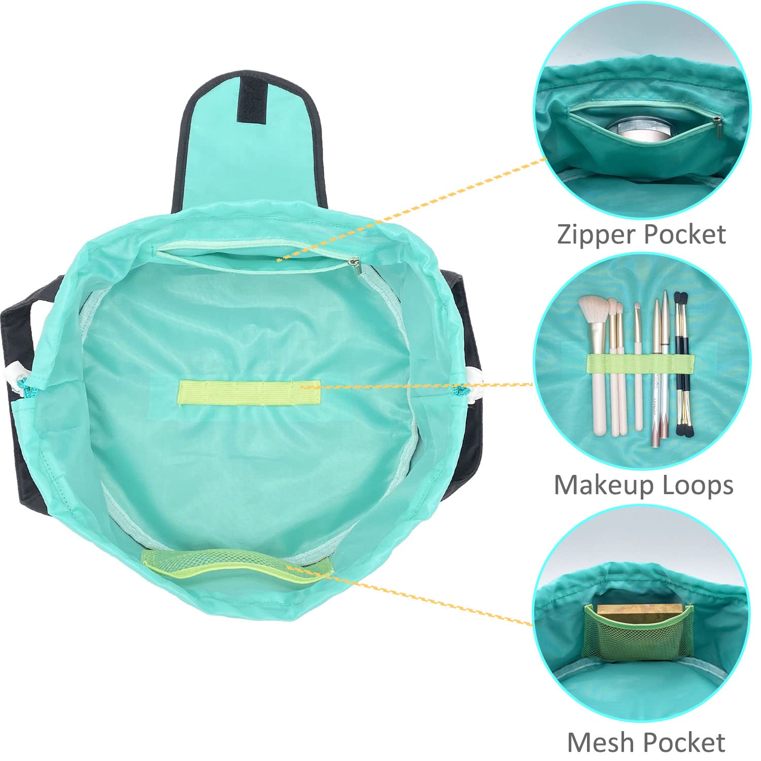 Large Drawstring Makeup Bag for Women - Waterproof Travel Cosmetic Organizer with Brush Holder & Pouch, Perfect for Makeup Storage, Skincare Essentials & Toiletries | Great for Travel, Gym & Daily Use (Black)