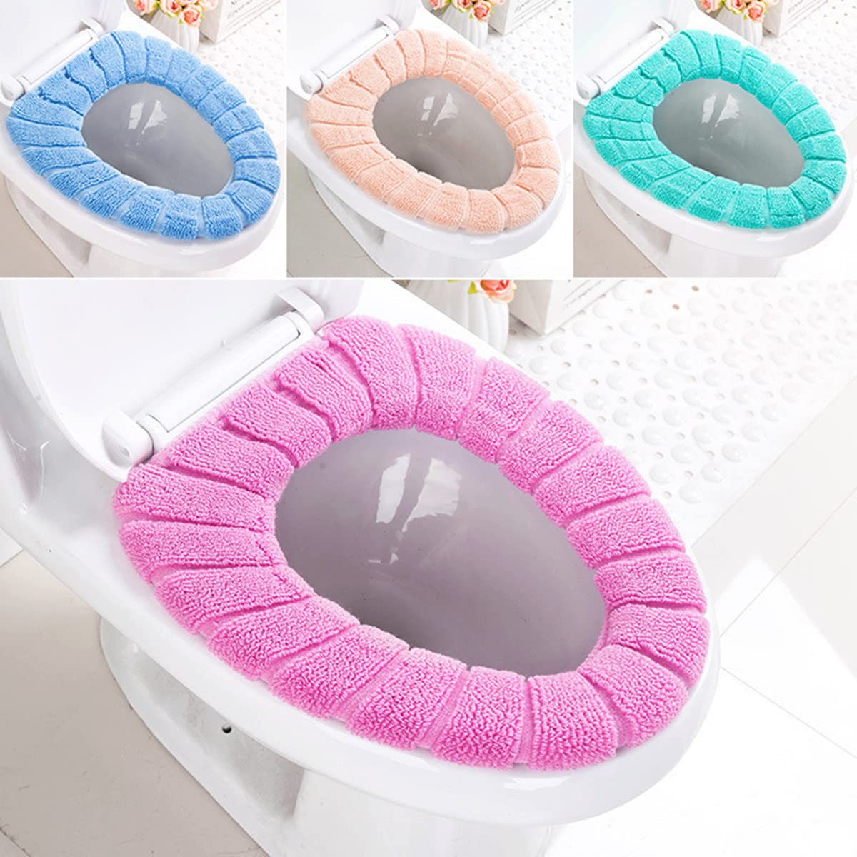 Soft Thick Warm Washable Toilet Seat Cover - 4PCS Multicolor Bathroom Warmer Pad, Easy Installation & Comfortable for Winter Use - Perfect for Cold Bathrooms, Elderly & Kids, Home & RV Use