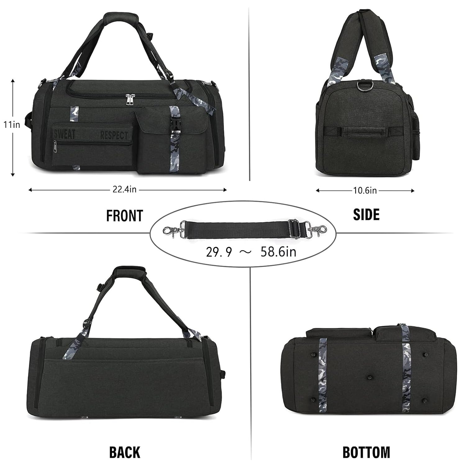 Men's 3-Way Gym Duffle Backpack - Large Sports Bag with Shoe Compartment & Wet Pocket for Workout, Travel & Gym - Durable Black Athletic Duffel Bag for Men