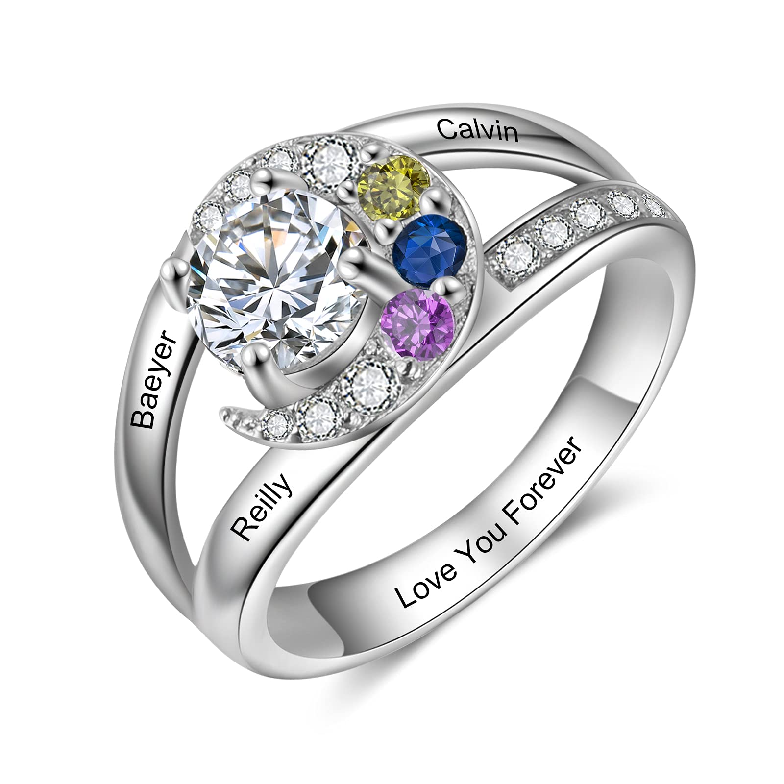 Personalized Mother's Moon Ring with 3 Birthstones - Custom Name Family Rings for Mom, BFF & Sisters | Perfect Gift for Mother's Day, Birthday & Anniversary