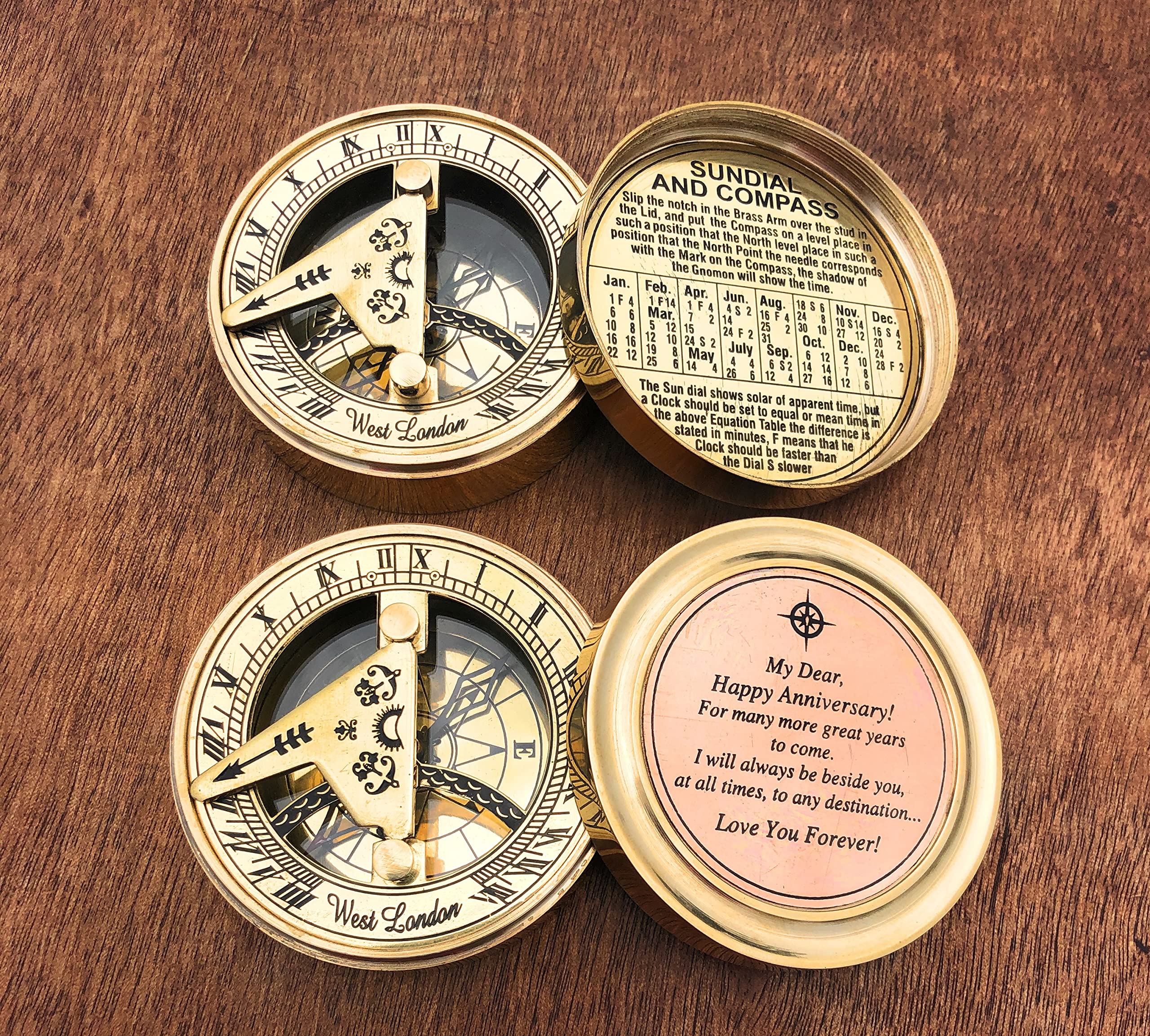 Engraved Brass Sundial Compass - Romantic Anniversary Gift for Couples - Outdoor & Home Decor