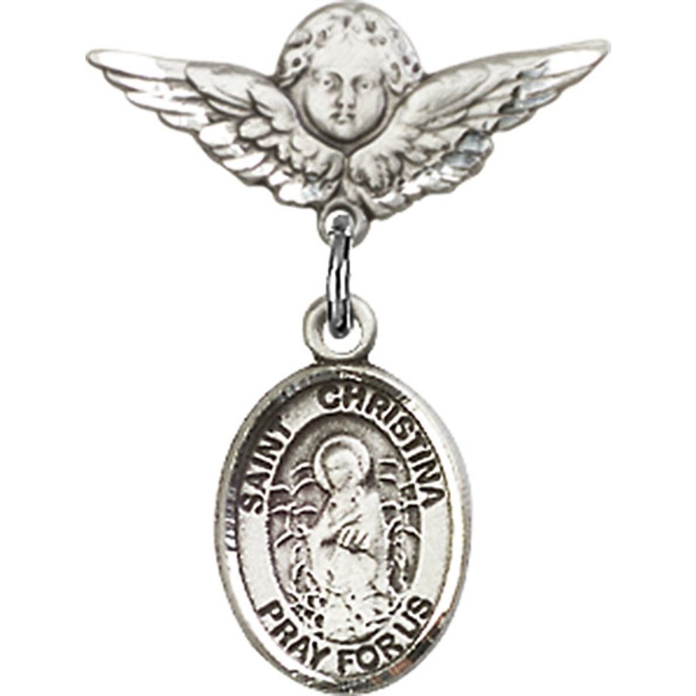 Stunning Sterling Silver Baby Badge with St. Christina Charm & Angel Wing Pin - 7/8