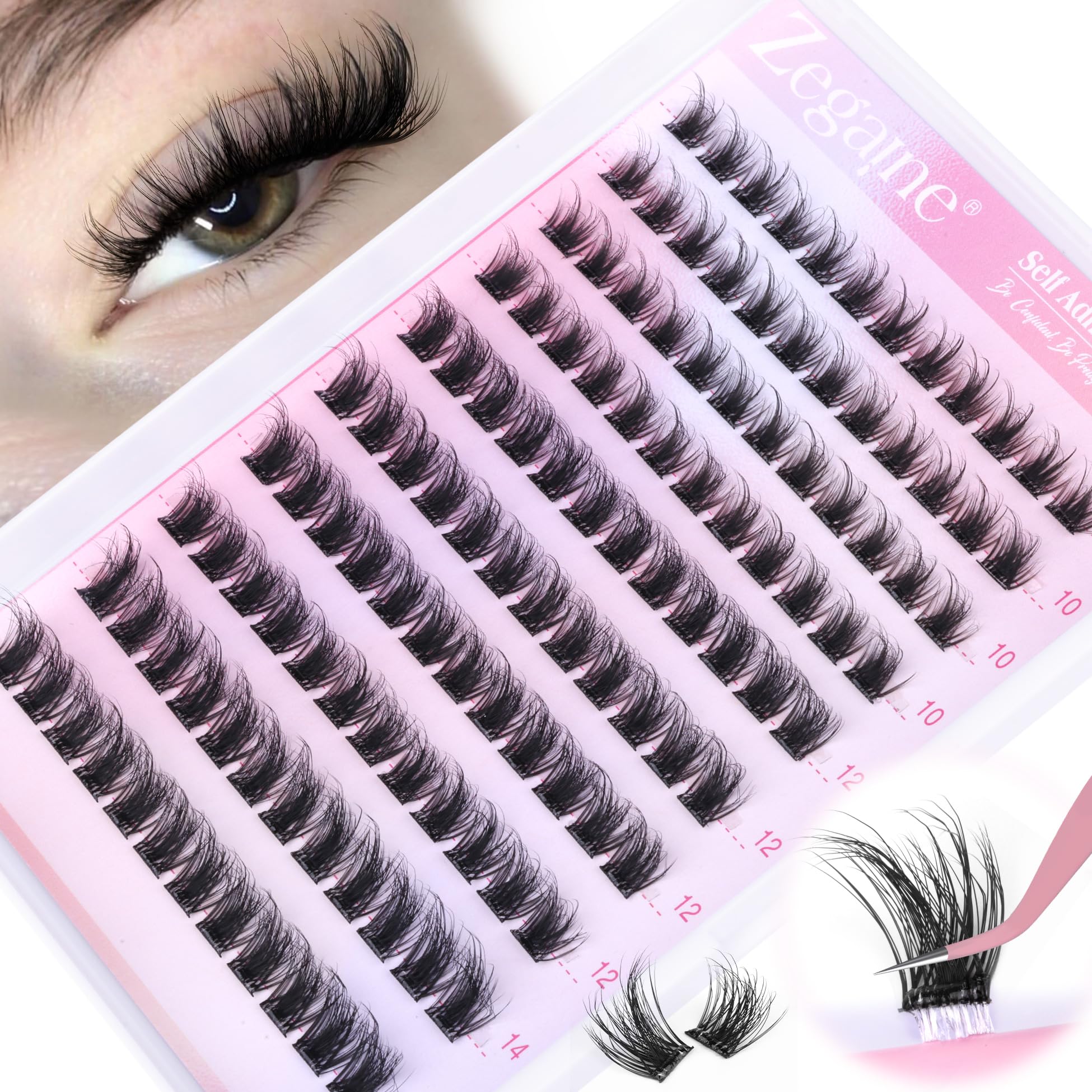 Zegaine Self-Adhesive Eyelash Clusters - Natural Look Reusable False Lashes, No Glue Needed (10-14mm, Wispy C-Curl) | Perfect for Daily Wear, Special Occasions & Bridal Makeup