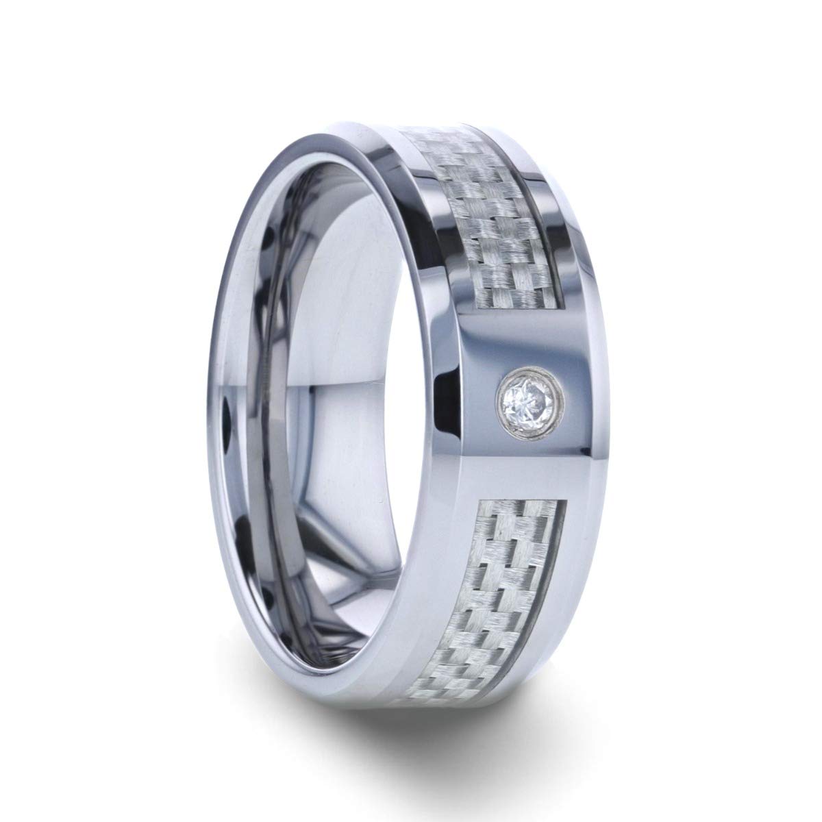 Elegant 8mm Tungsten Wedding Band with White Diamond & Carbon Fiber Inlay - Perfect for Men's Wedding Rings, Anniversary Gifts & Special Occasions