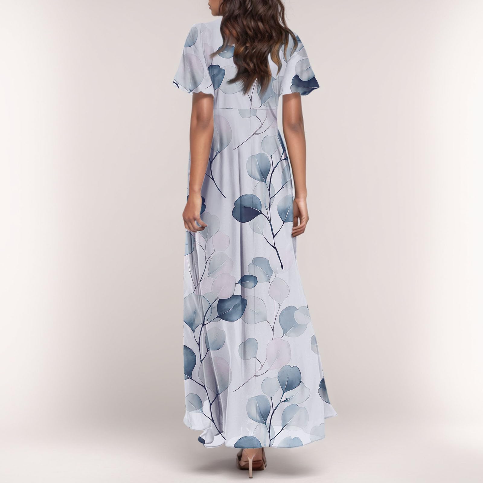 Women's Floral Chiffon Maxi Dress with Ruffle Sleeves - V Neck Empire Waist Boho Flowy Long Dress for Summer, Wedding Guest, Beach Vacation & Special Occasions