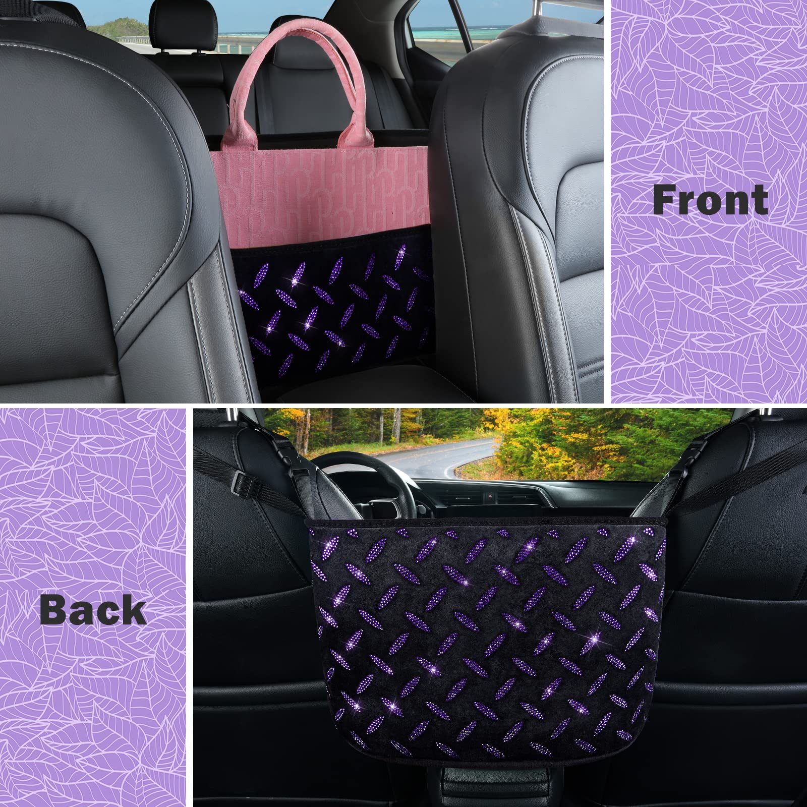 Sparkling Crystal Car Organizer & Storage Purse Holder - Diamond-Embellished Seat Back Organizer for Women, Car Accessories with Pet Barrier for Dogs & Kids (Purple) - Perfect for Road Trips, Daily Commutes & Keeping Your Car Tidy